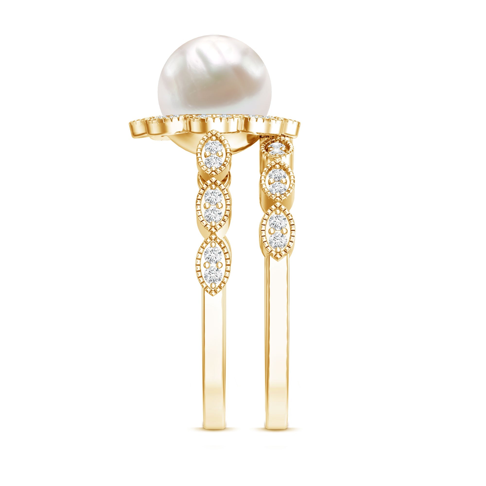 Freshwater Pearl and Diamond Wedding Ring Set