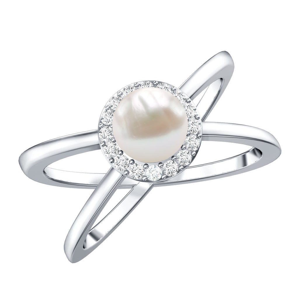 Real 2 Carat Freshwater Pearl Diamond Halo Engagement Ring with Criss Cross Shank