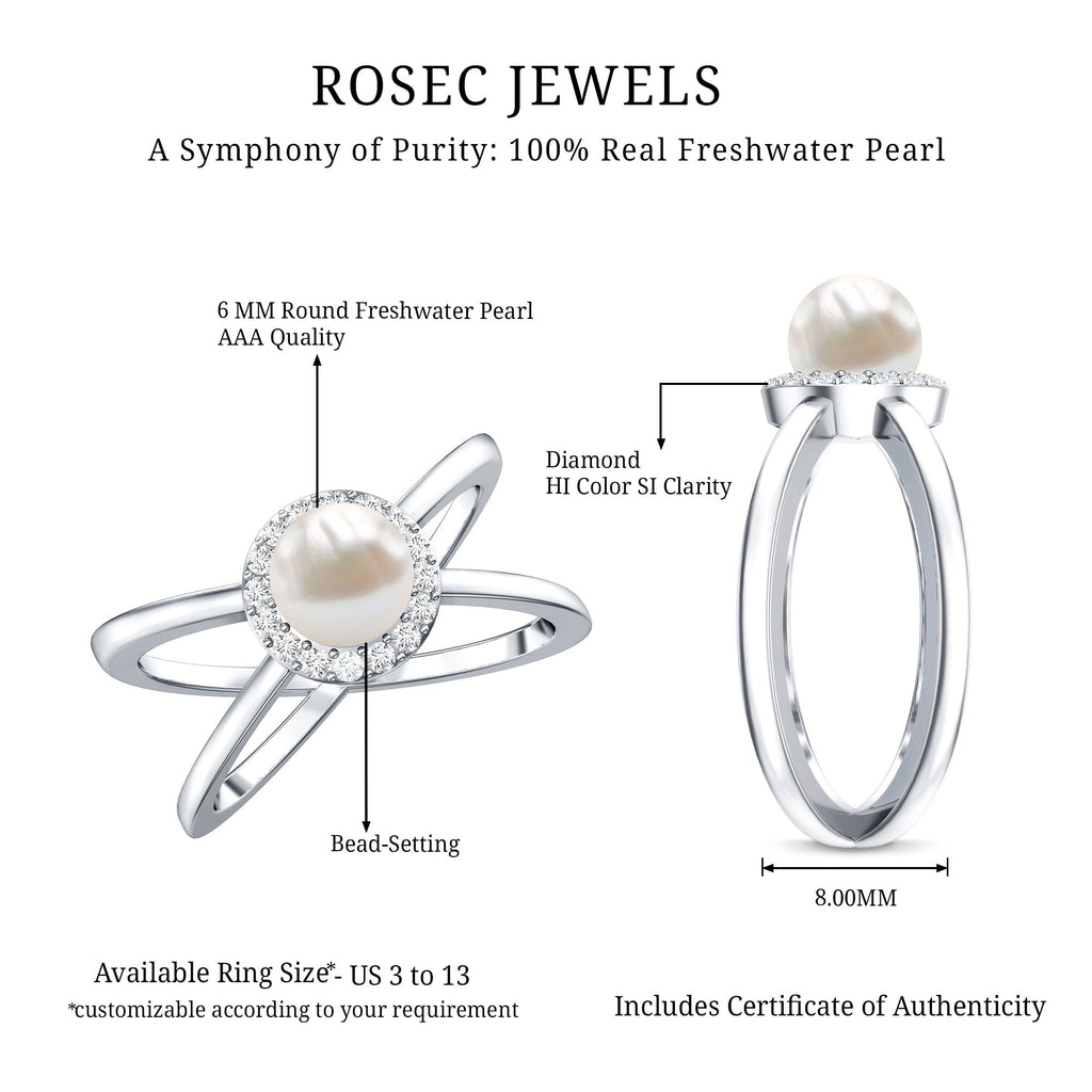Real 2 Carat Freshwater Pearl Diamond Halo Engagement Ring with Criss Cross Shank