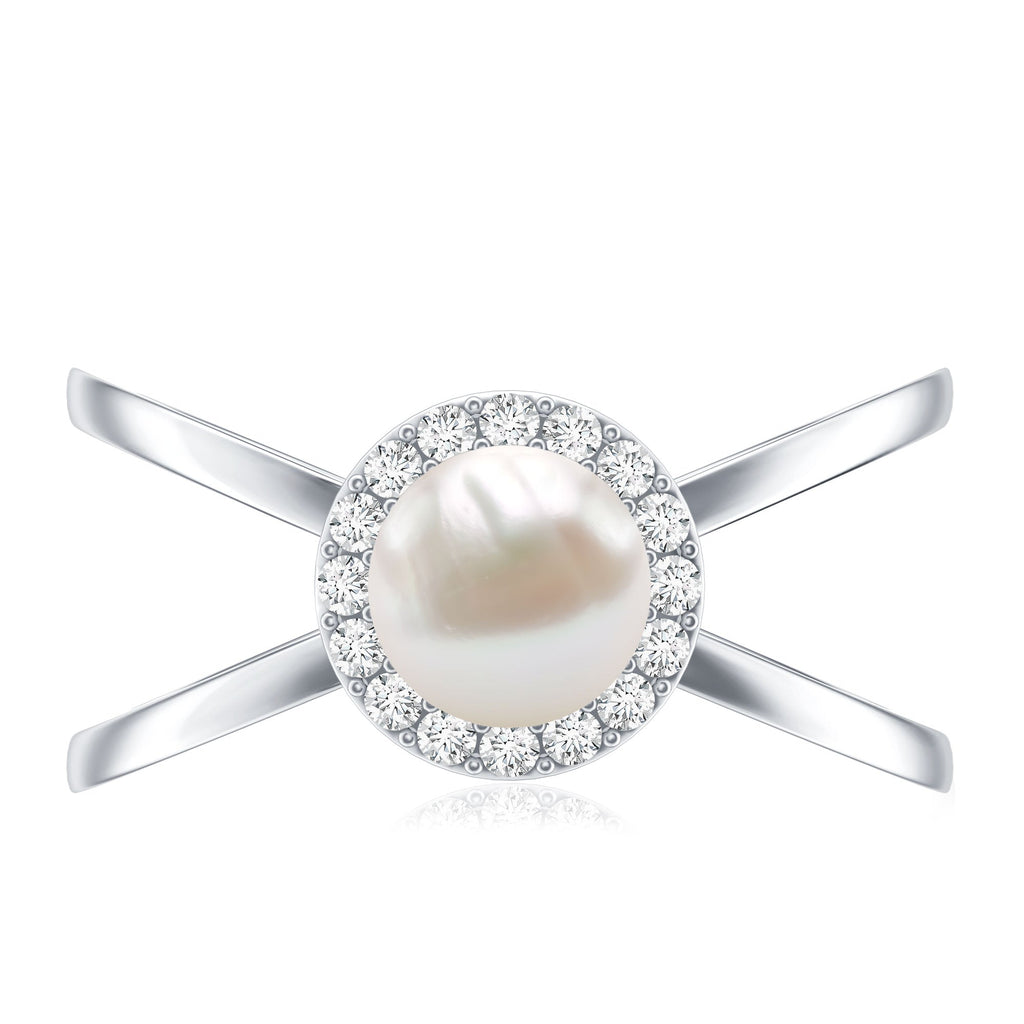 Real 2 Carat Freshwater Pearl Diamond Halo Engagement Ring with Criss Cross Shank