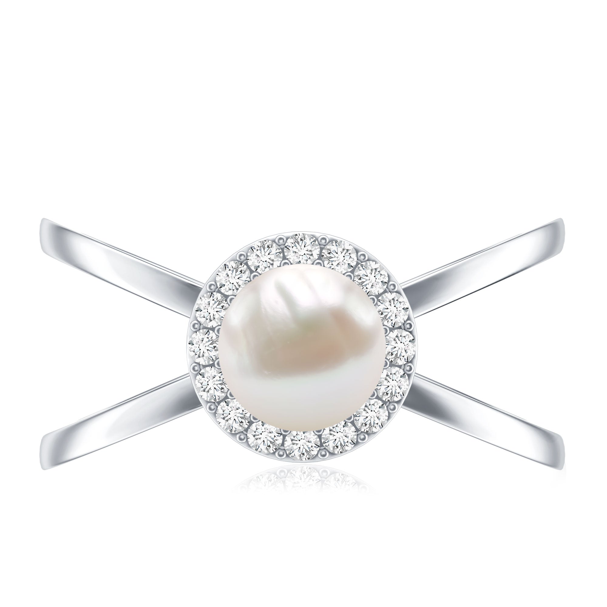 Real 2 Carat Freshwater Pearl Diamond Halo Engagement Ring with Criss Cross Shank