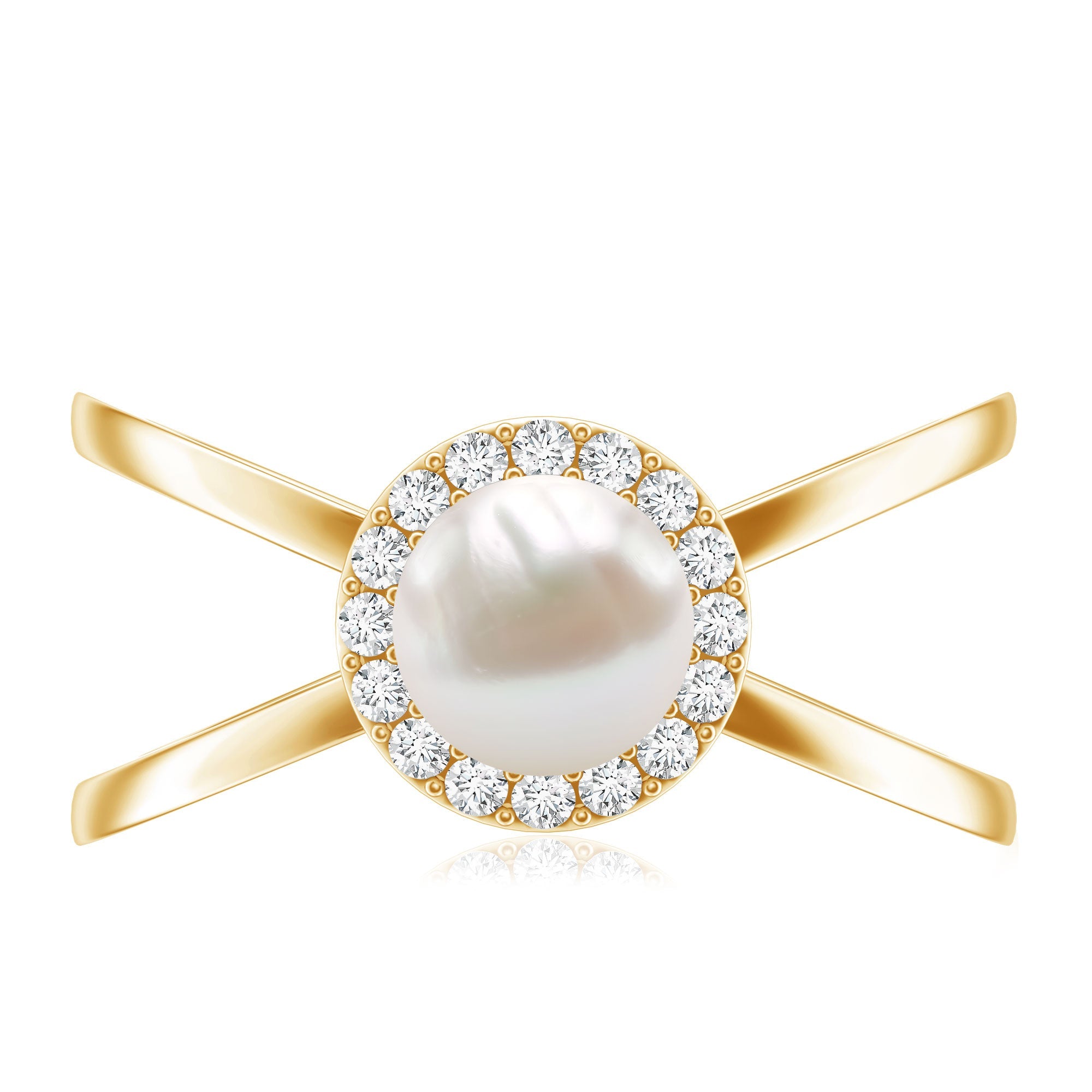 Real 2 Carat Freshwater Pearl Diamond Halo Engagement Ring with Criss Cross Shank