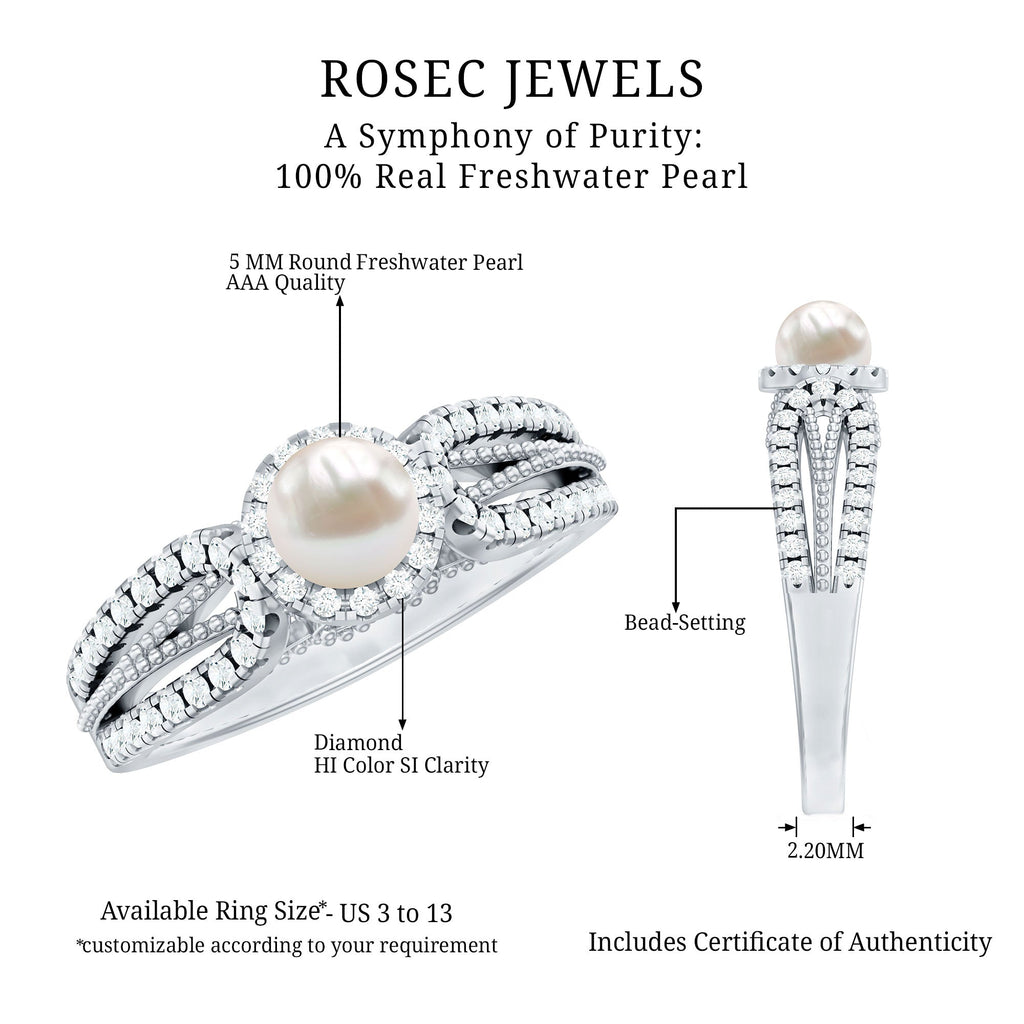 2 Carat Freshwater Pearl and Diamond Engagement Ring with Beaded Detail