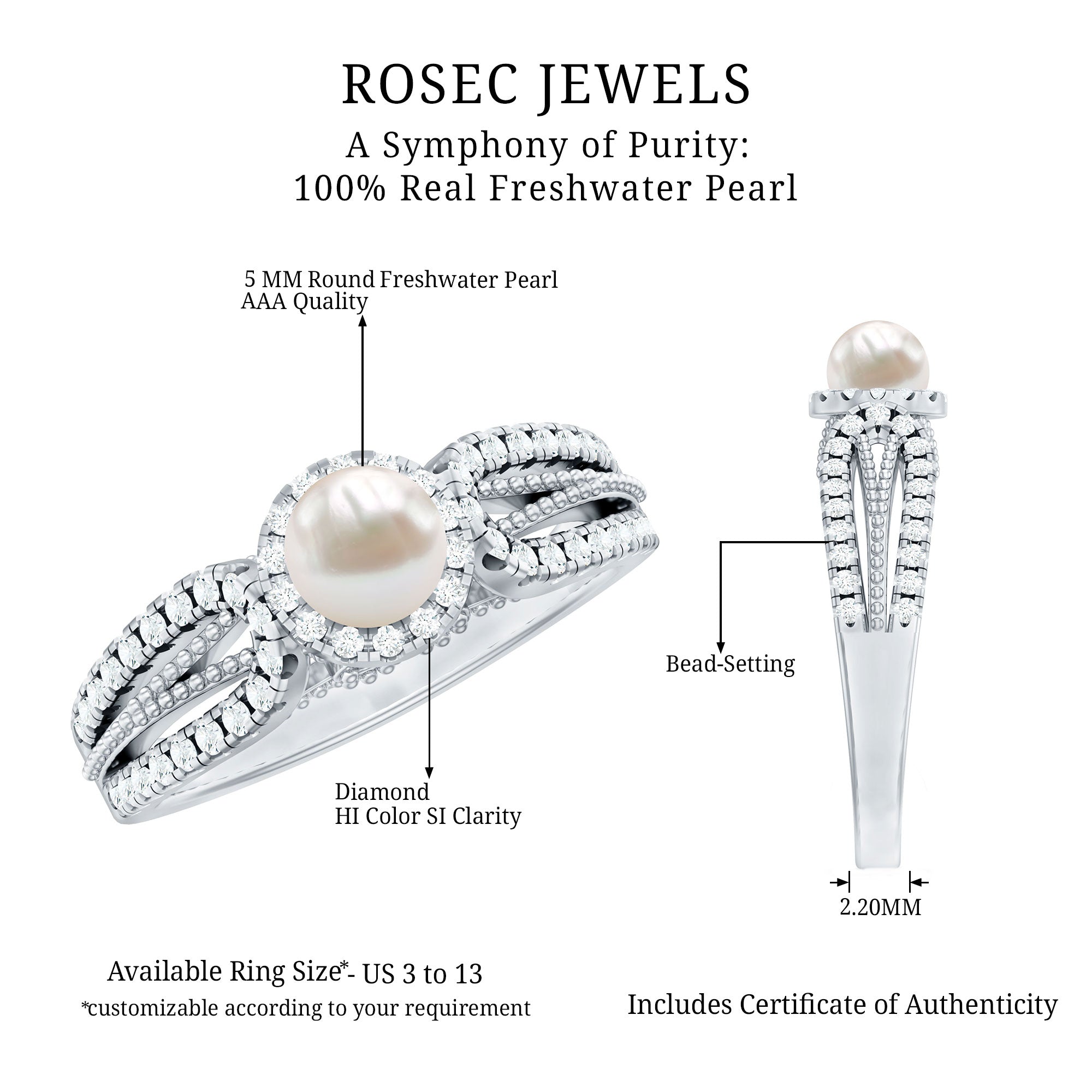 2 Carat Freshwater Pearl and Diamond Engagement Ring with Beaded Detail