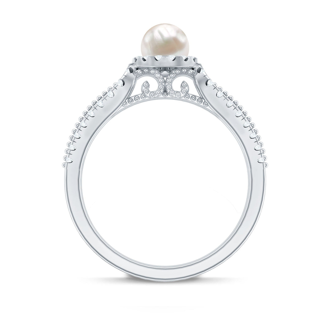 2 Carat Freshwater Pearl and Diamond Engagement Ring with Beaded Detail