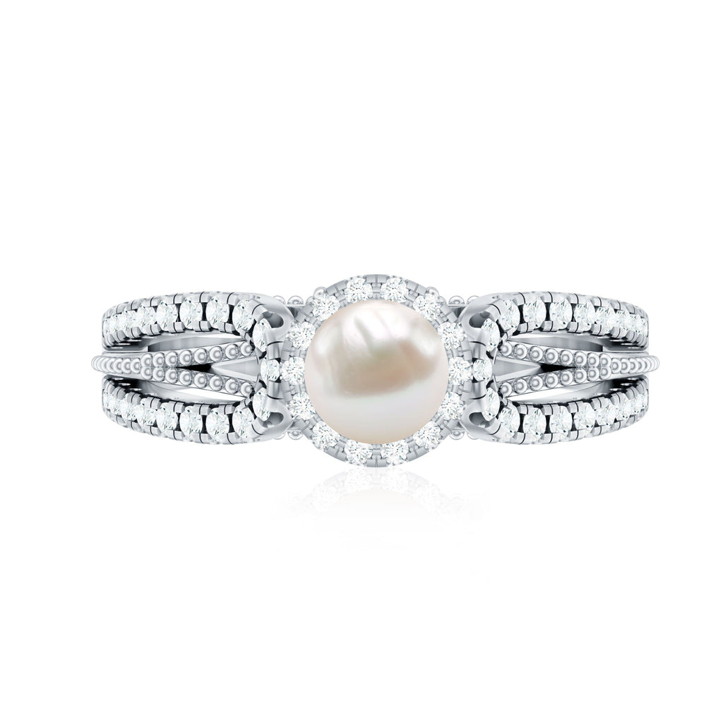 2 Carat Freshwater Pearl and Diamond Engagement Ring with Beaded Detail