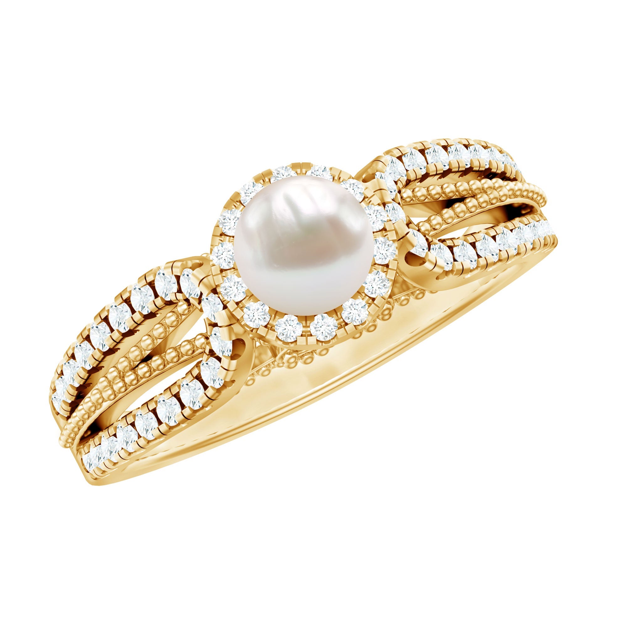 2 Carat Freshwater Pearl and Diamond Engagement Ring with Beaded Detail | Rings | Wiccan Center