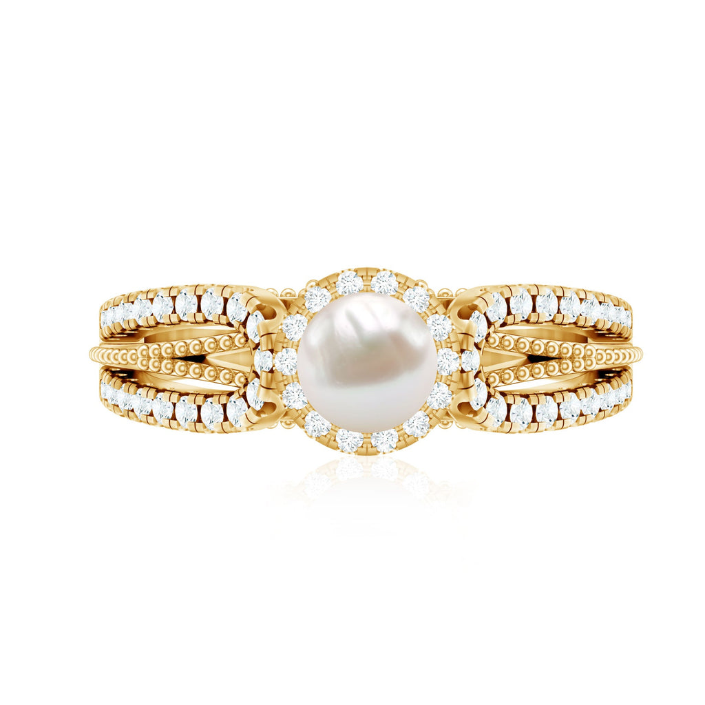 2 Carat Freshwater Pearl and Diamond Engagement Ring with Beaded Detail