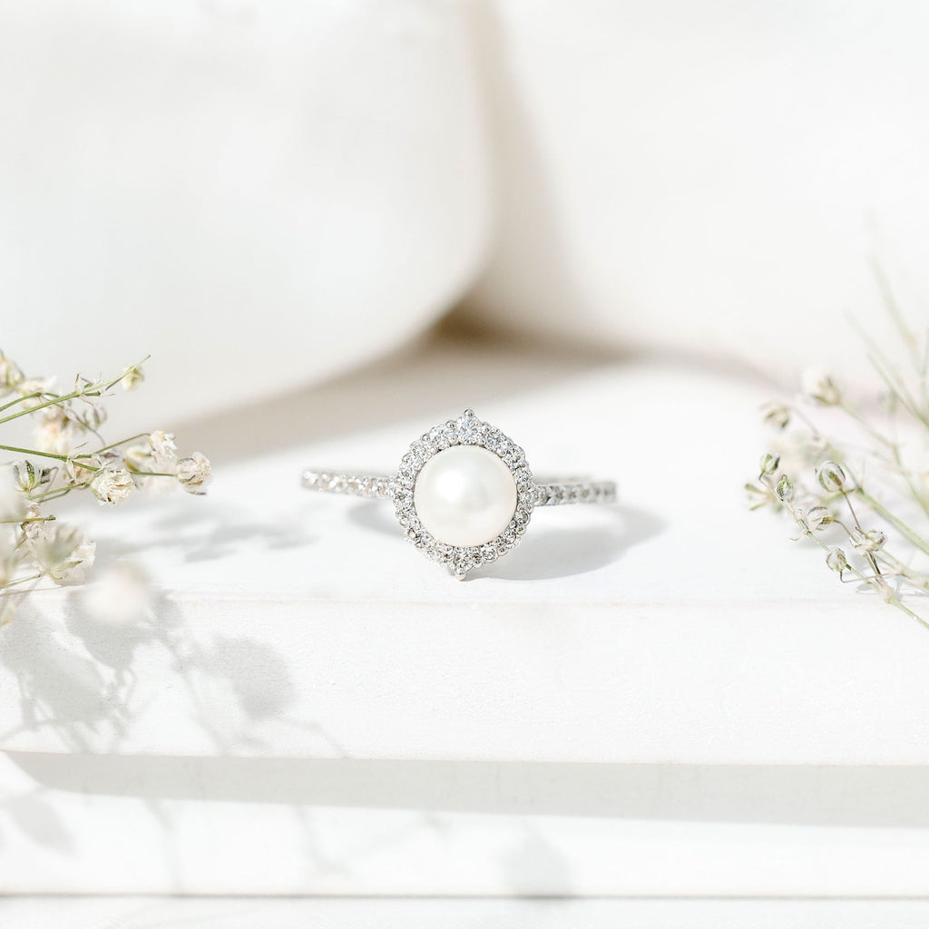 Freshwater Pearl and Diamond Halo Engagement Ring