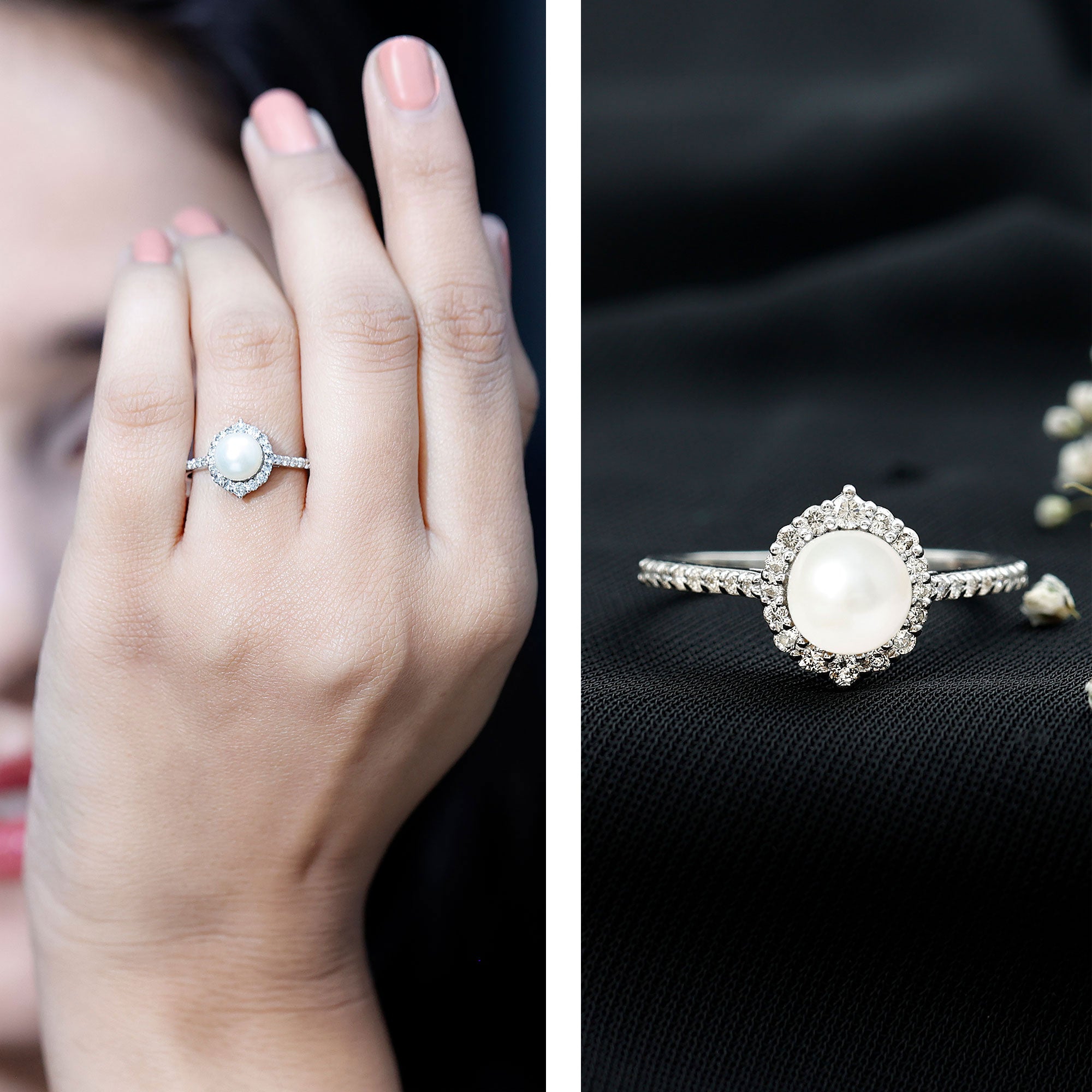 Freshwater Pearl and Diamond Halo Engagement Ring