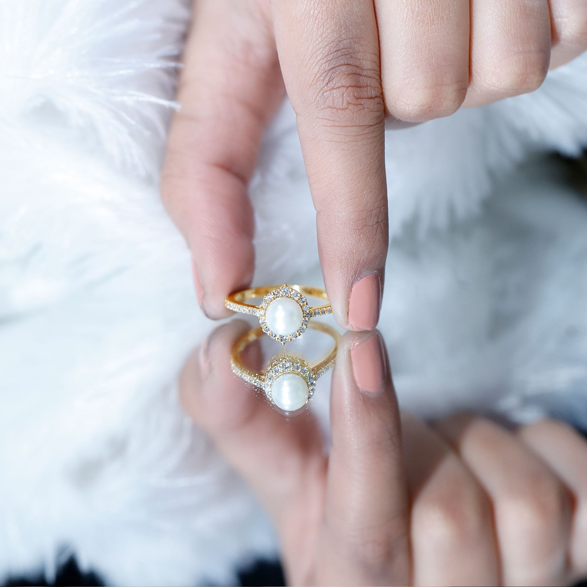 Freshwater Pearl and Diamond Halo Engagement Ring