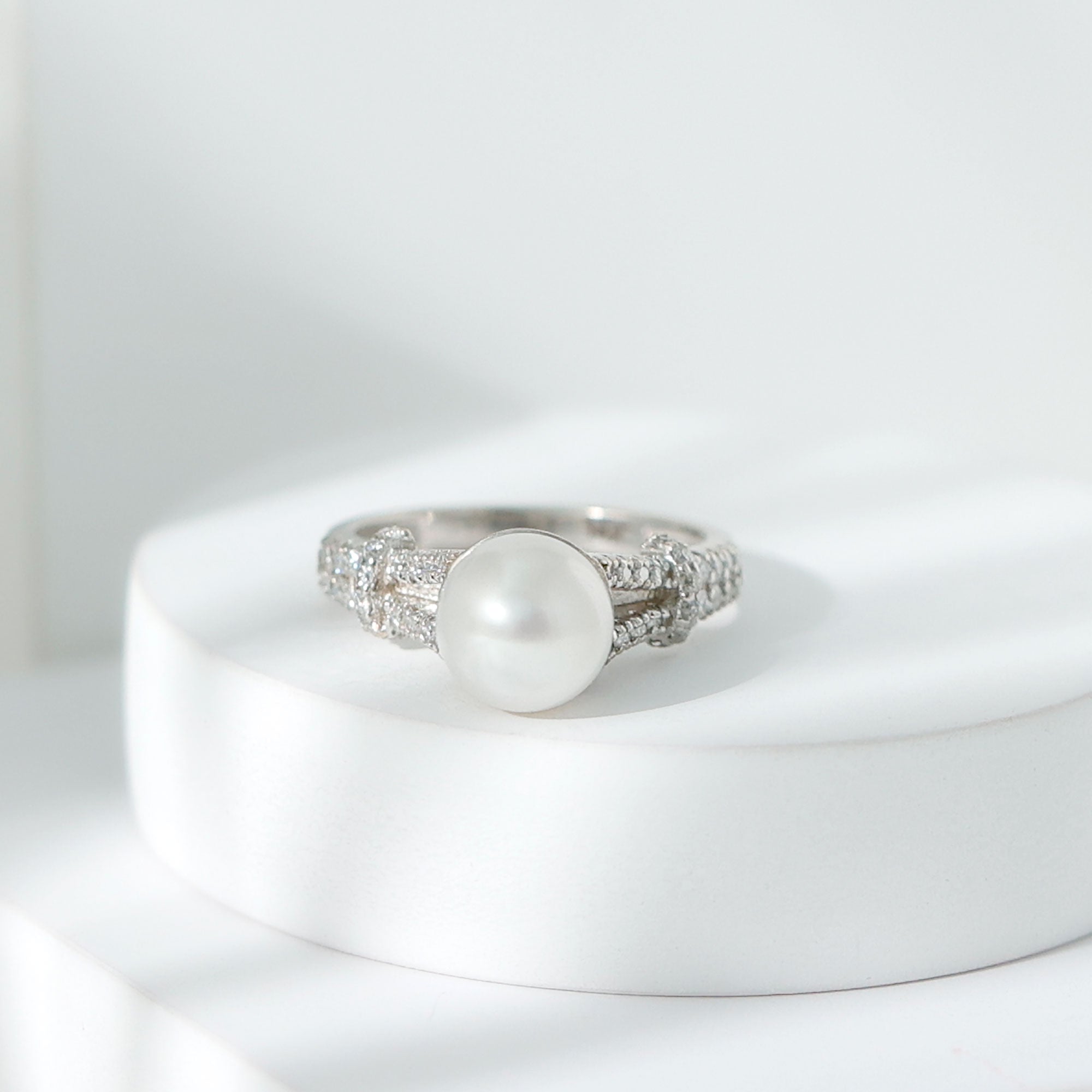 Cultured 7.4 Carat Freshwater Pearl Engagement Ring with Lab Diamonds