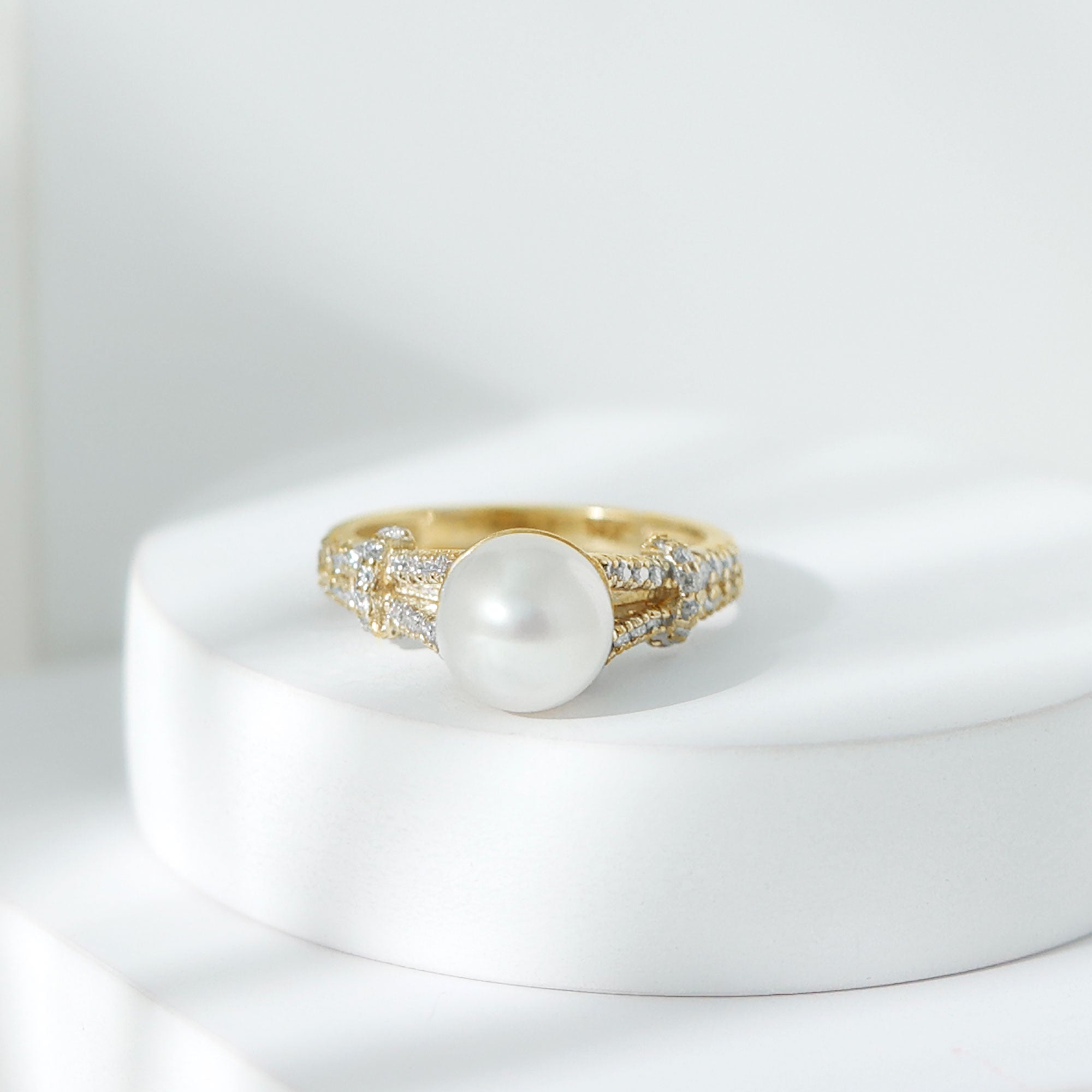 Cultured 7.4 Carat Freshwater Pearl Engagement Ring with Lab Diamonds