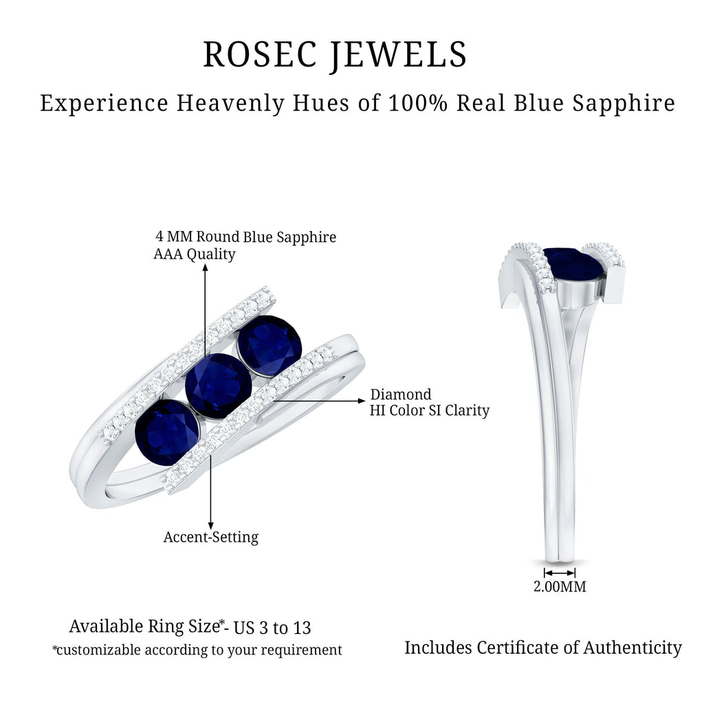 Real Blue Sapphire 3 Stone Promise Ring with Diamond Bypass Shank