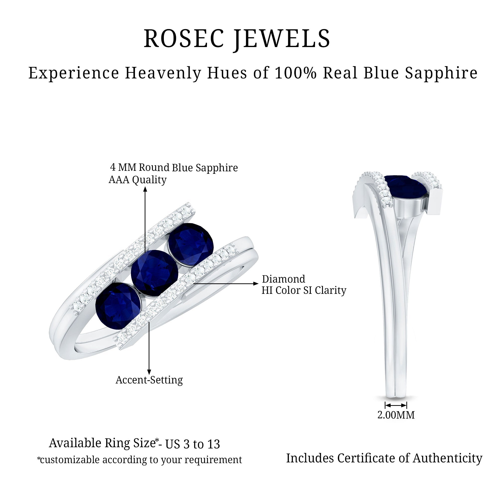 Real Blue Sapphire 3 Stone Promise Ring with Diamond Bypass Shank