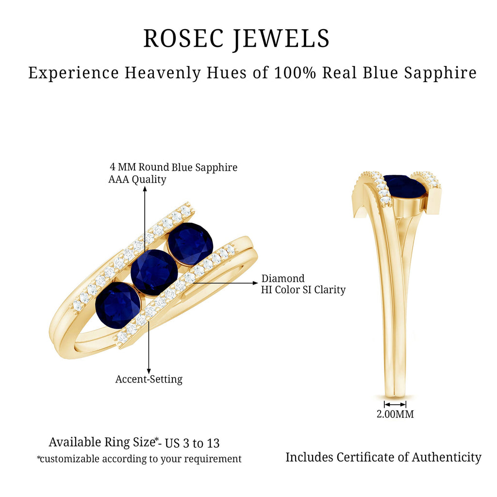 Real Blue Sapphire 3 Stone Promise Ring with Diamond Bypass Shank