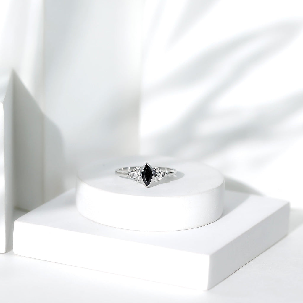 Certified 0.8 Carat Lab Grown Black Diamond Marquise Promise Ring with Celtic Knot