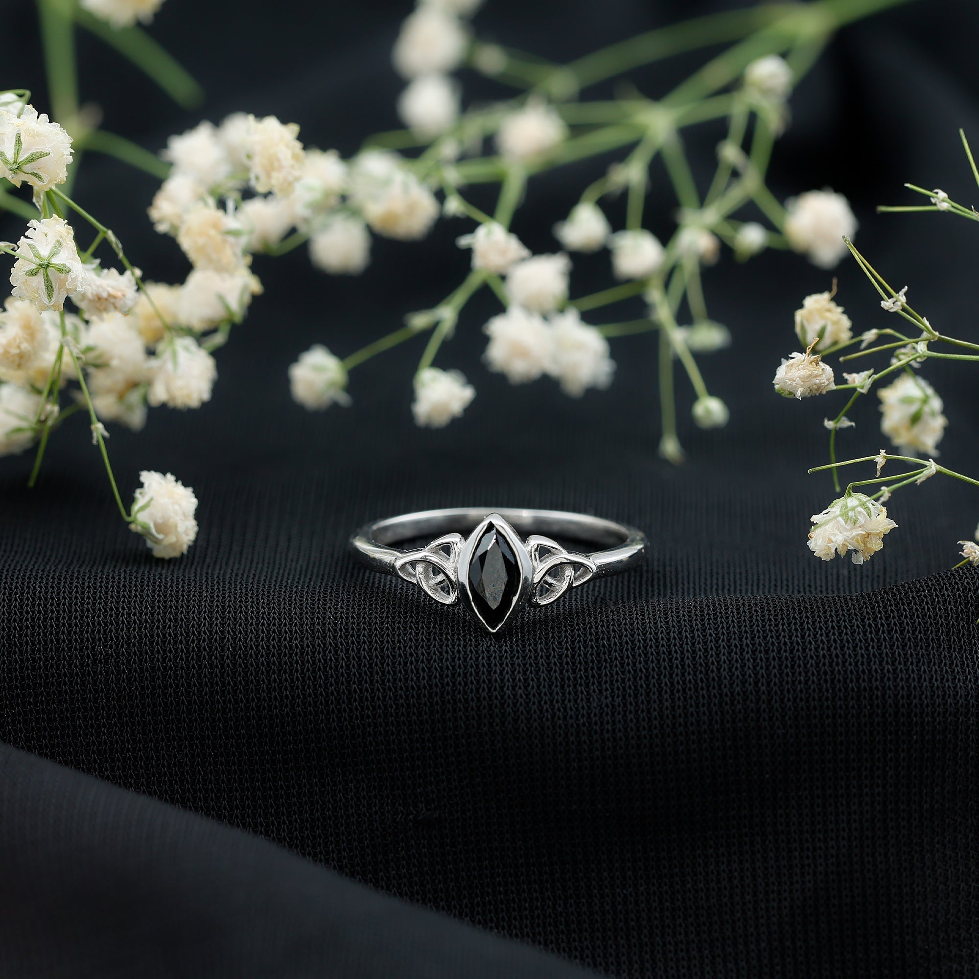 Certified 0.8 Carat Lab Grown Black Diamond Marquise Promise Ring with Celtic Knot