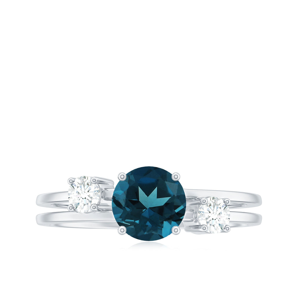 1.3 Carat Round London Blue Topaz Double Band Engagement Ring with Diamond