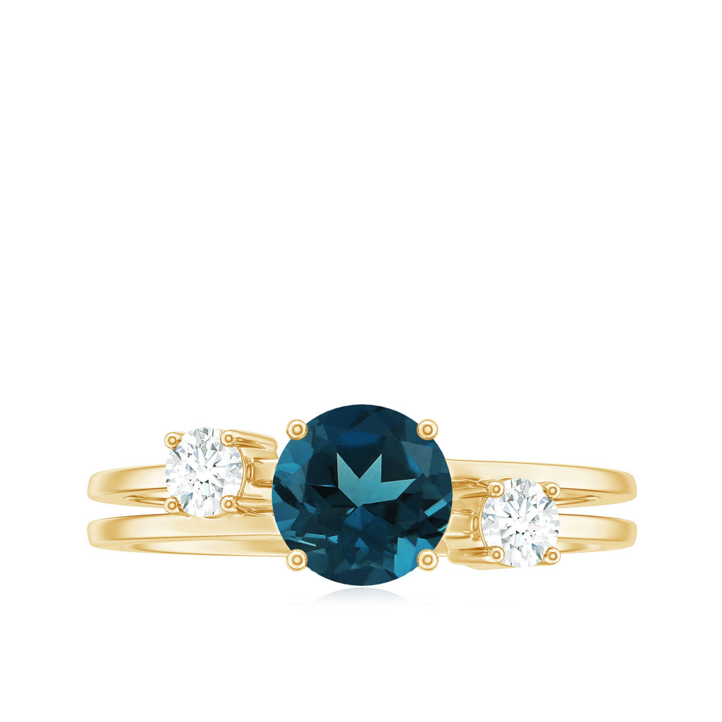 1.3 Carat Round London Blue Topaz Double Band Engagement Ring with Diamond