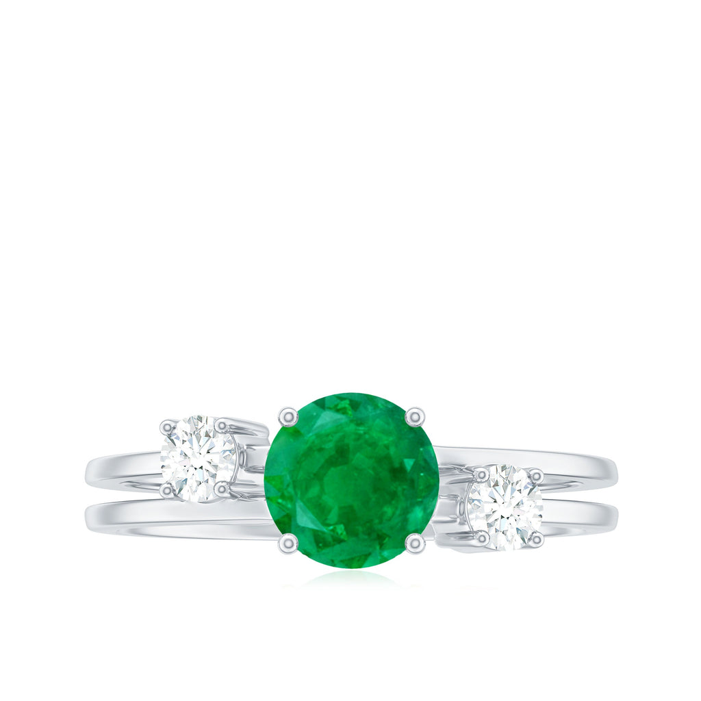 Natural Emerald Diamond Three Stone Engagement Ring
