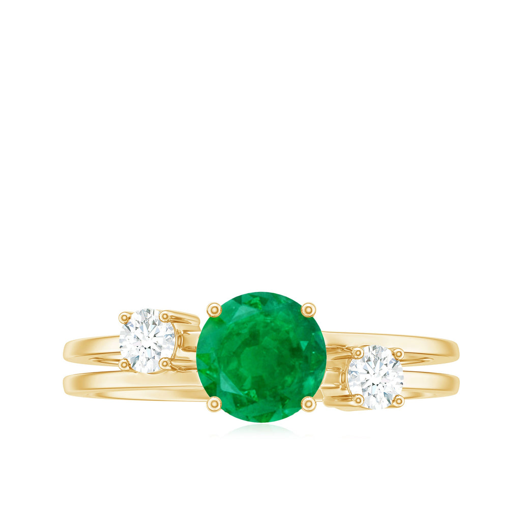 Natural Emerald Diamond Three Stone Engagement Ring