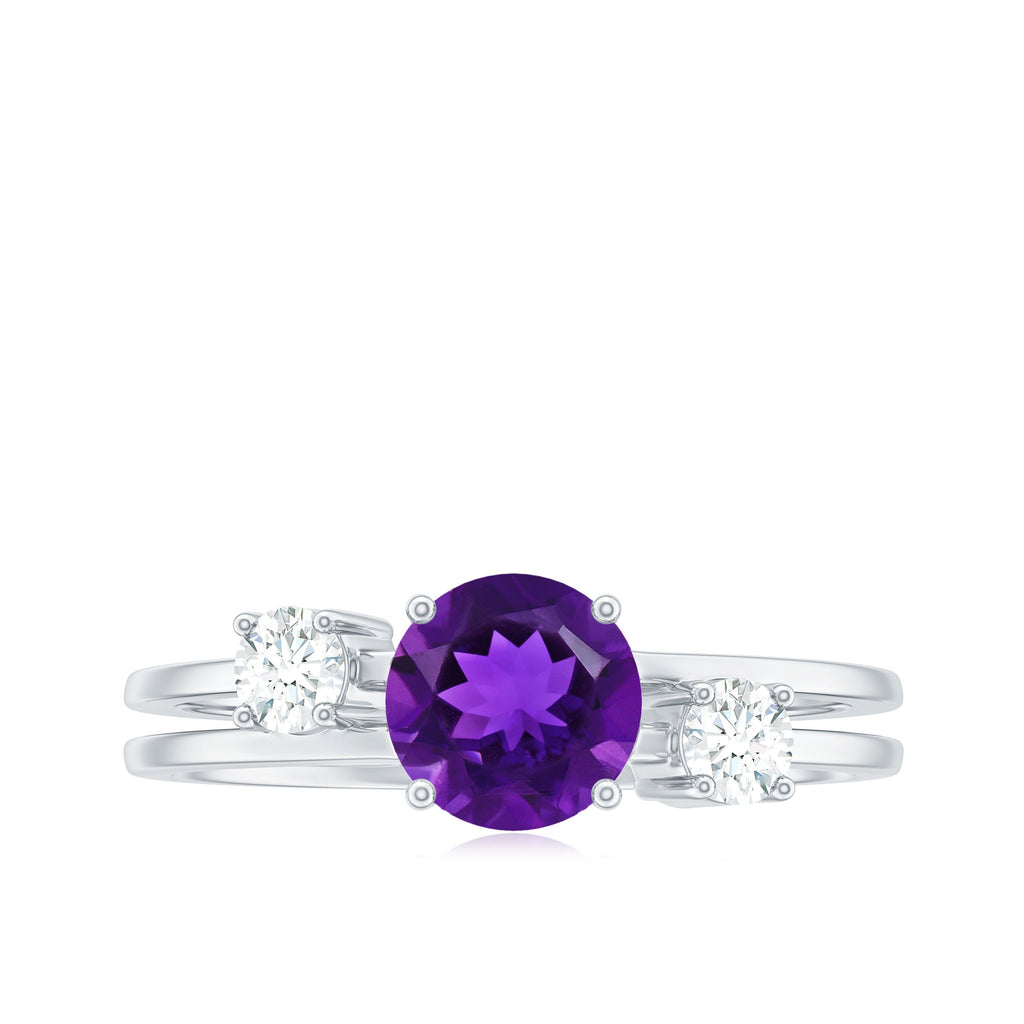Natural 1.2 Carat Amethyst Double Band Engagement Ring with Diamond