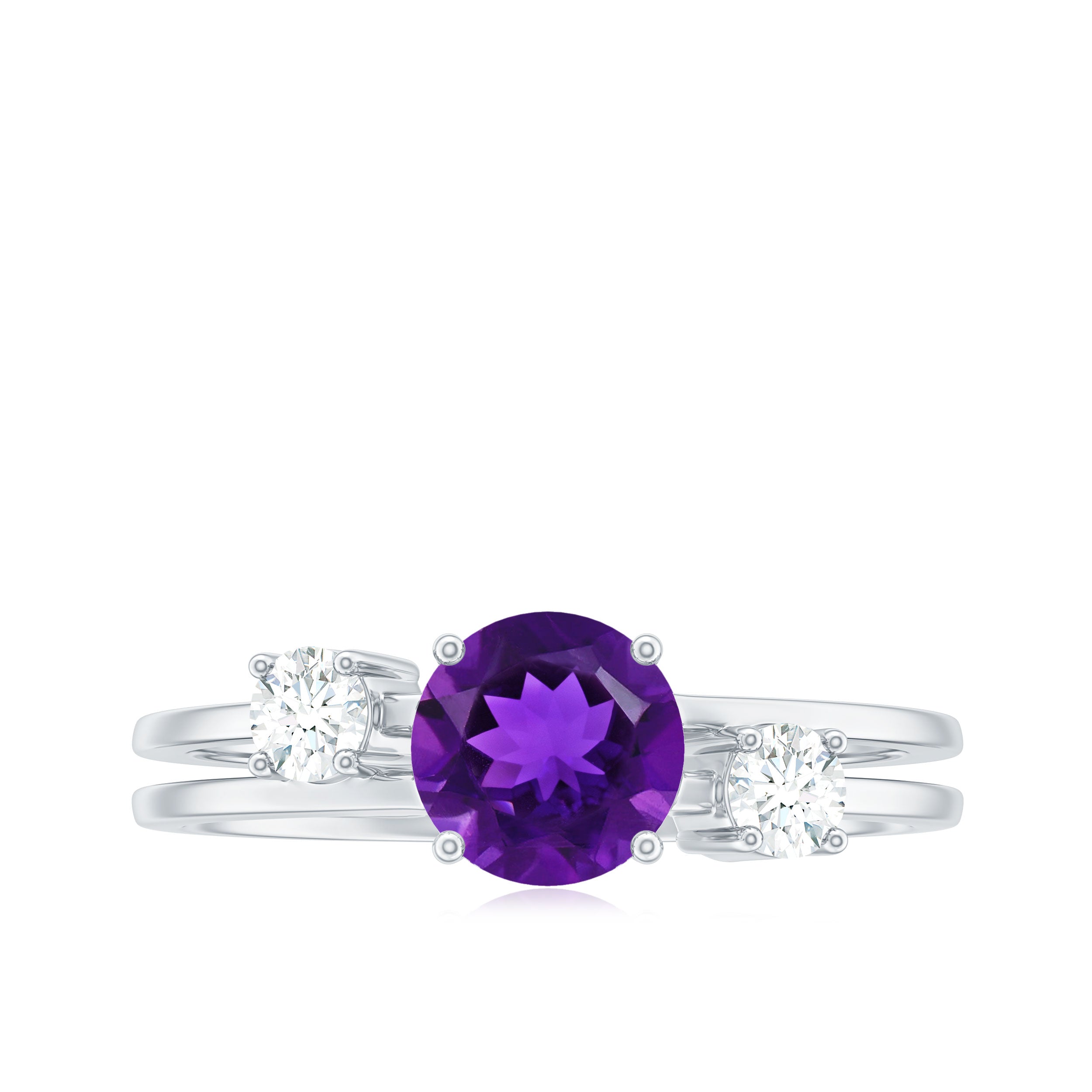 Natural 1.2 Carat Amethyst Double Band Engagement Ring with Diamond