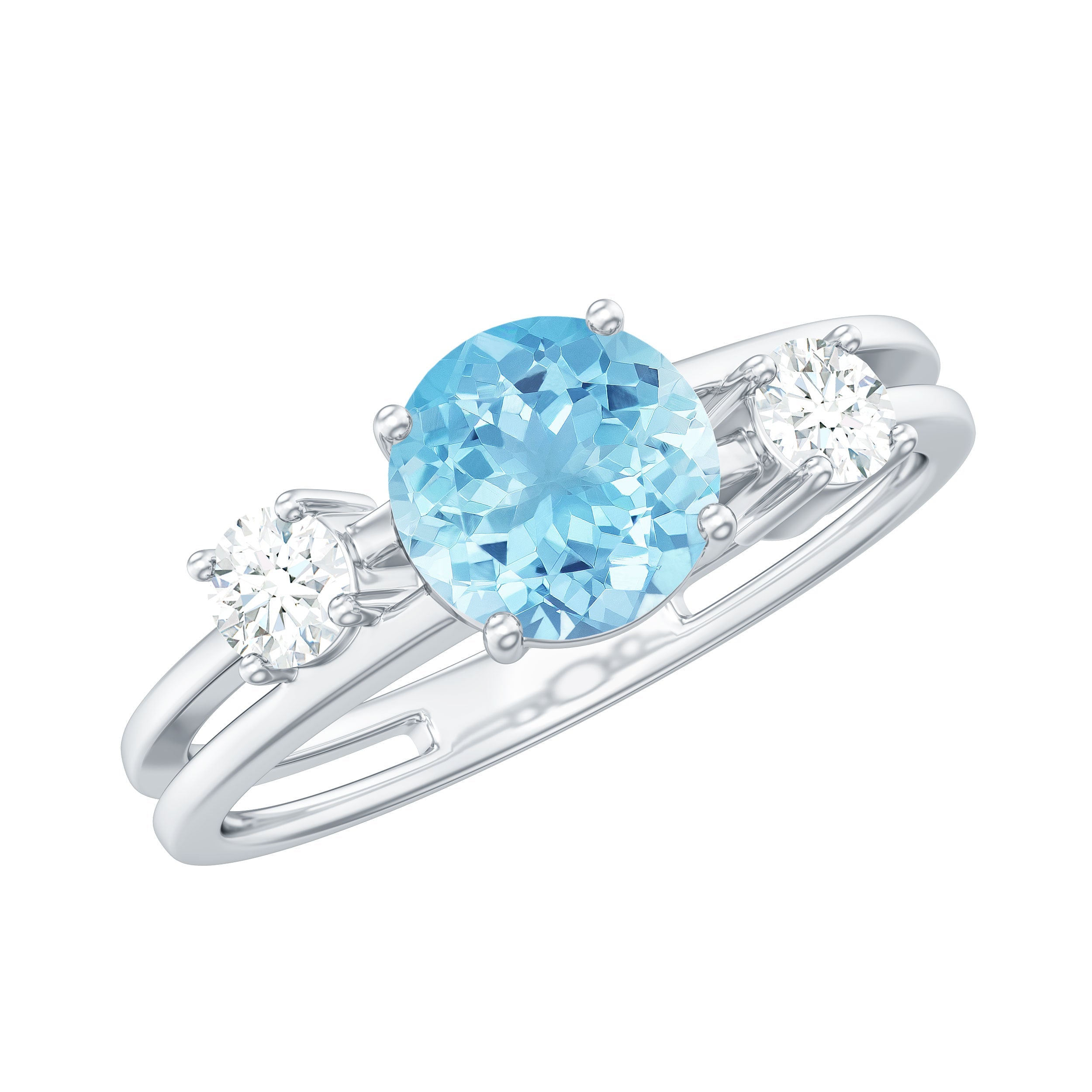 0.8 Carat Aquamarine and Diamond 3 Stone Engagement Ring with Double Band Shank