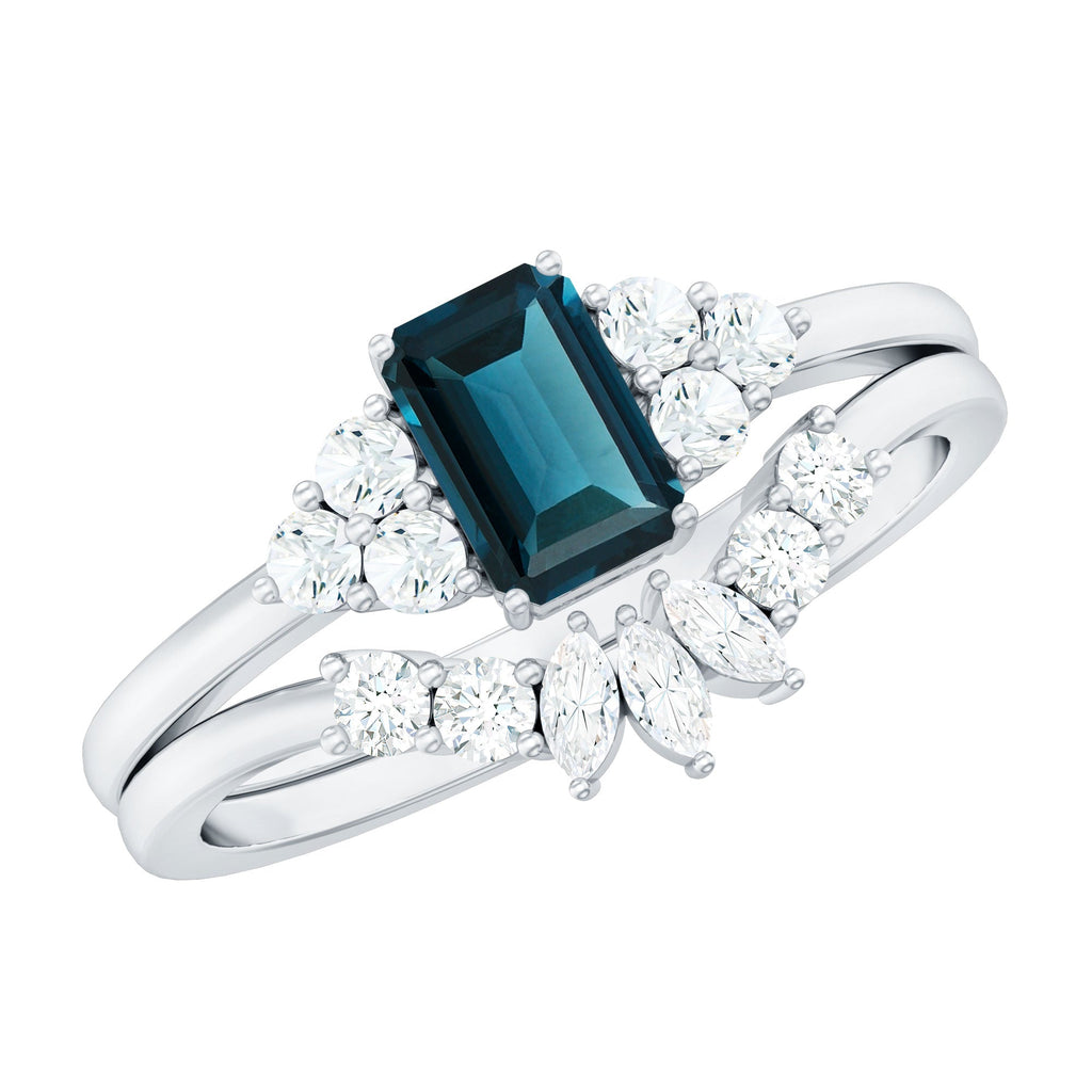 0.7 Carat Emerald Cut London Blue Topaz Designer Bridal Ring Set with Diamond