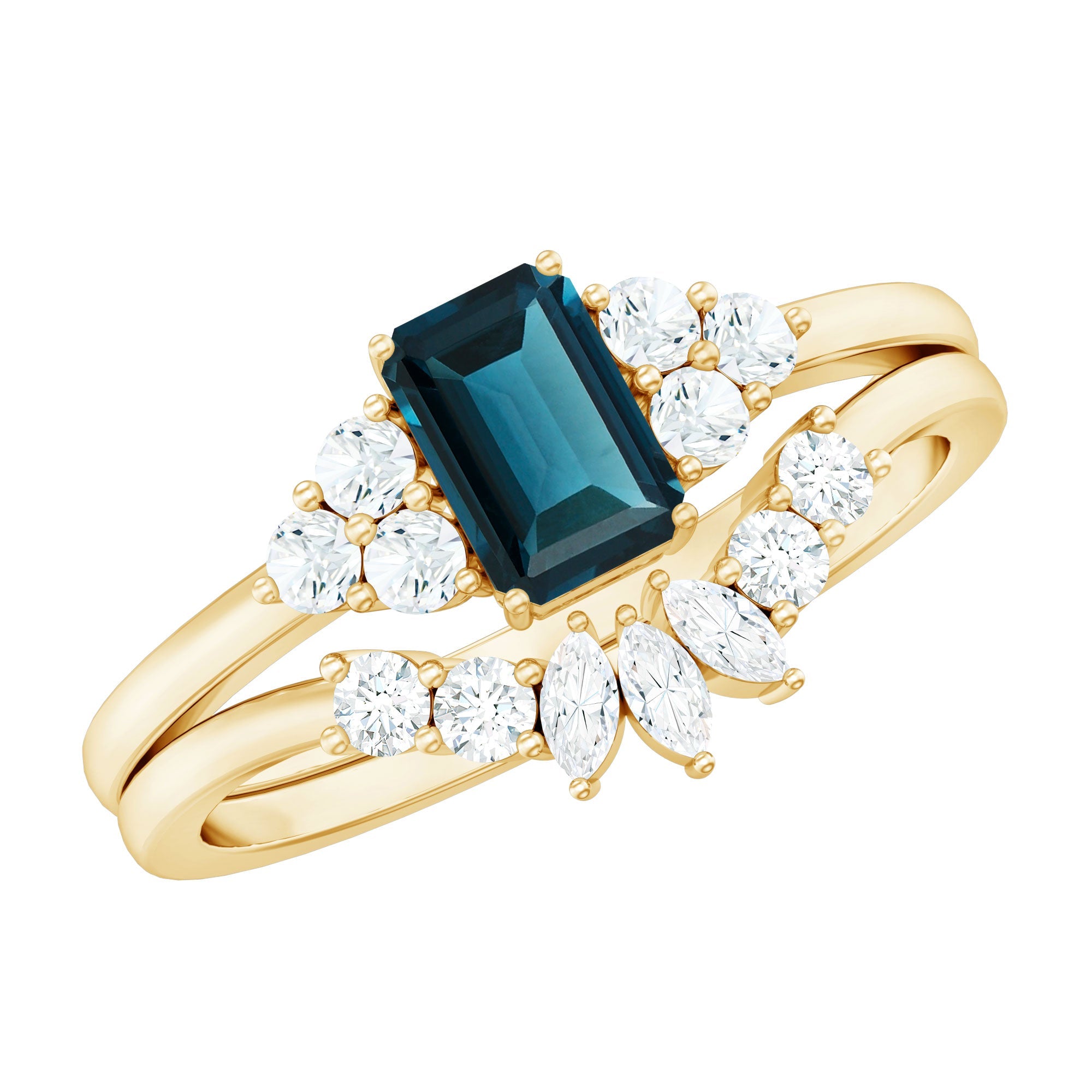 0.7 Carat Emerald Cut London Blue Topaz Designer Bridal Ring Set with Diamond | Rings | Wiccan Center