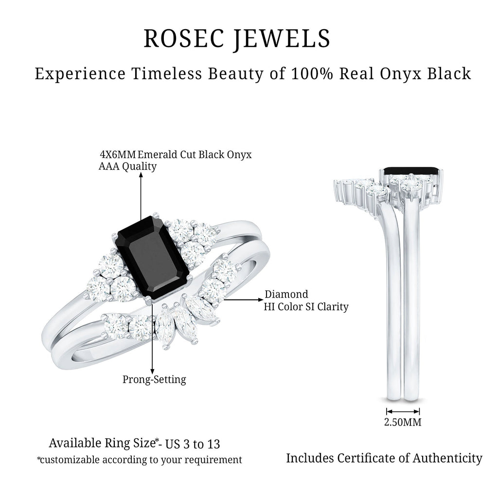 Emerald Cut Black Onyx Engagement Ring with Diamond Wedding Band