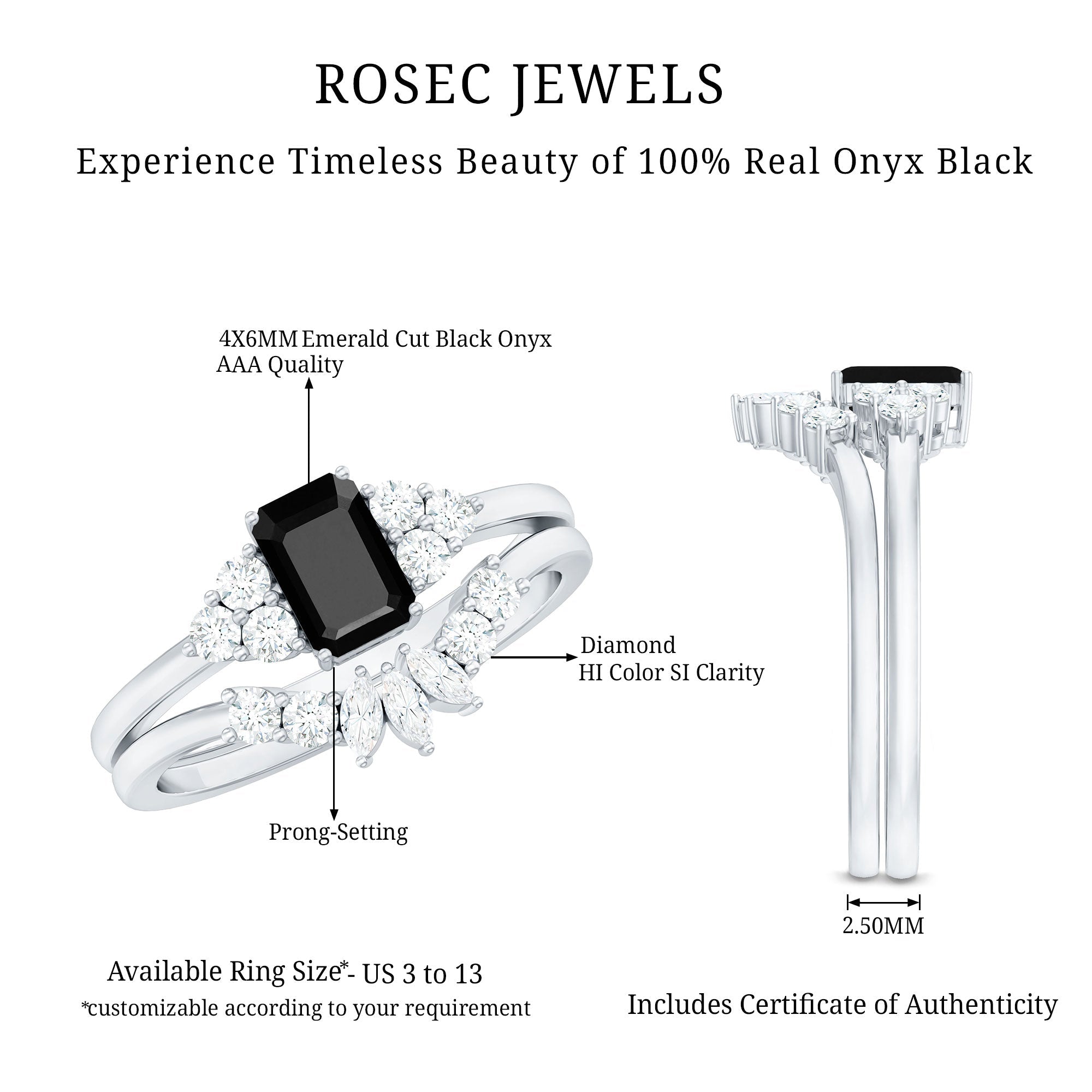 Emerald Cut Black Onyx Engagement Ring with Diamond Wedding Band