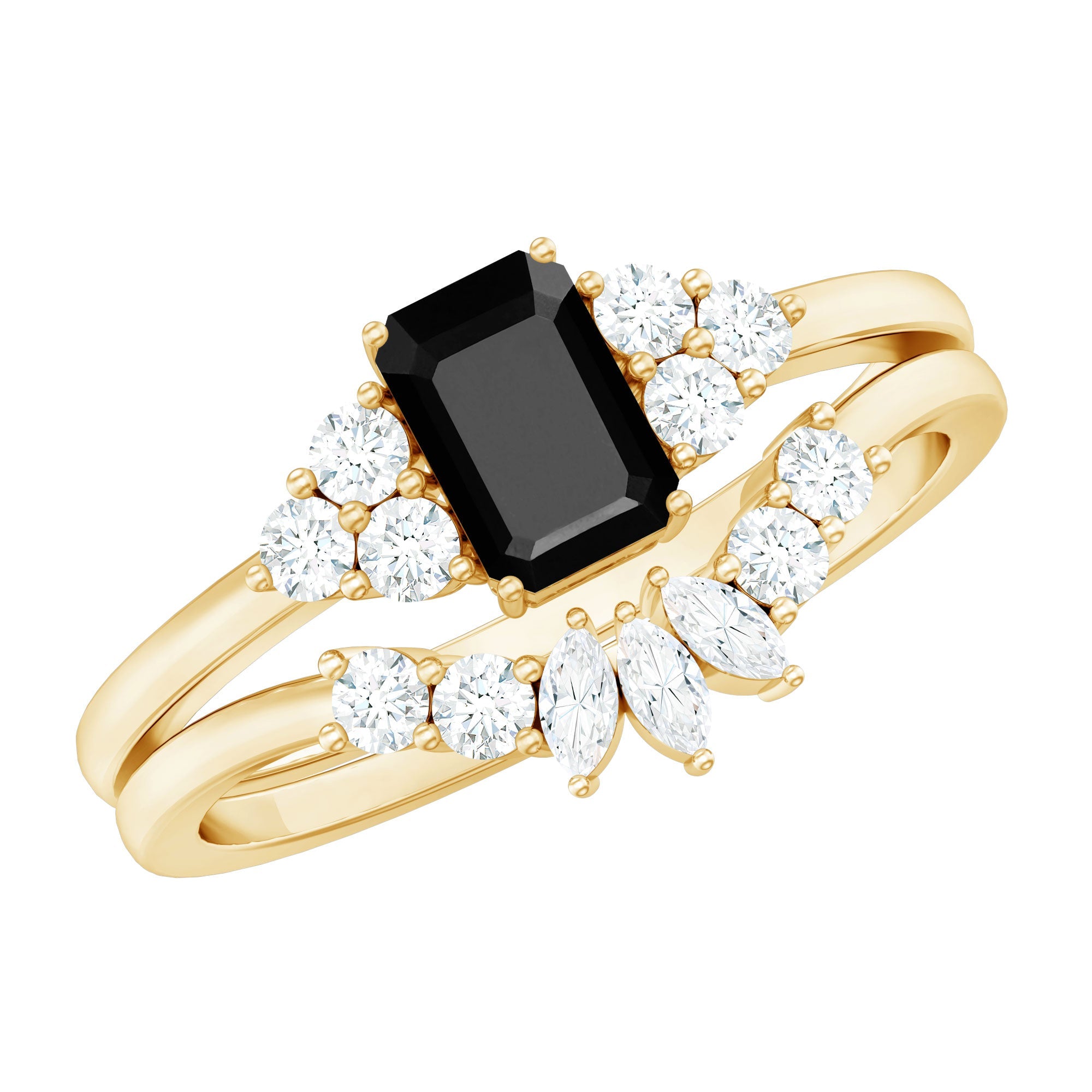 Emerald Cut Black Onyx Engagement Ring with Diamond Wedding Band | Rings | Wiccan Center
