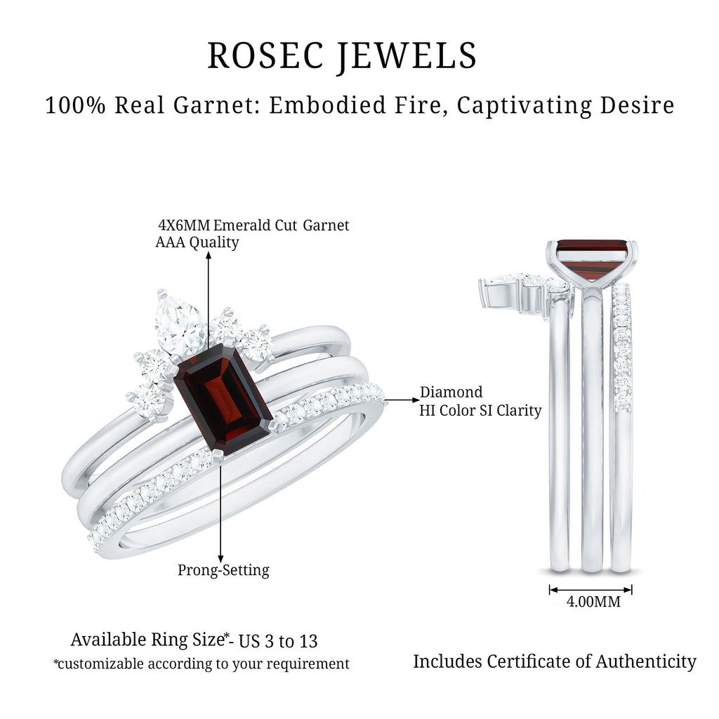 0.7 Carat Natural Emerald Cut Garnet Diamond 3 Piece Wedding Ring Set