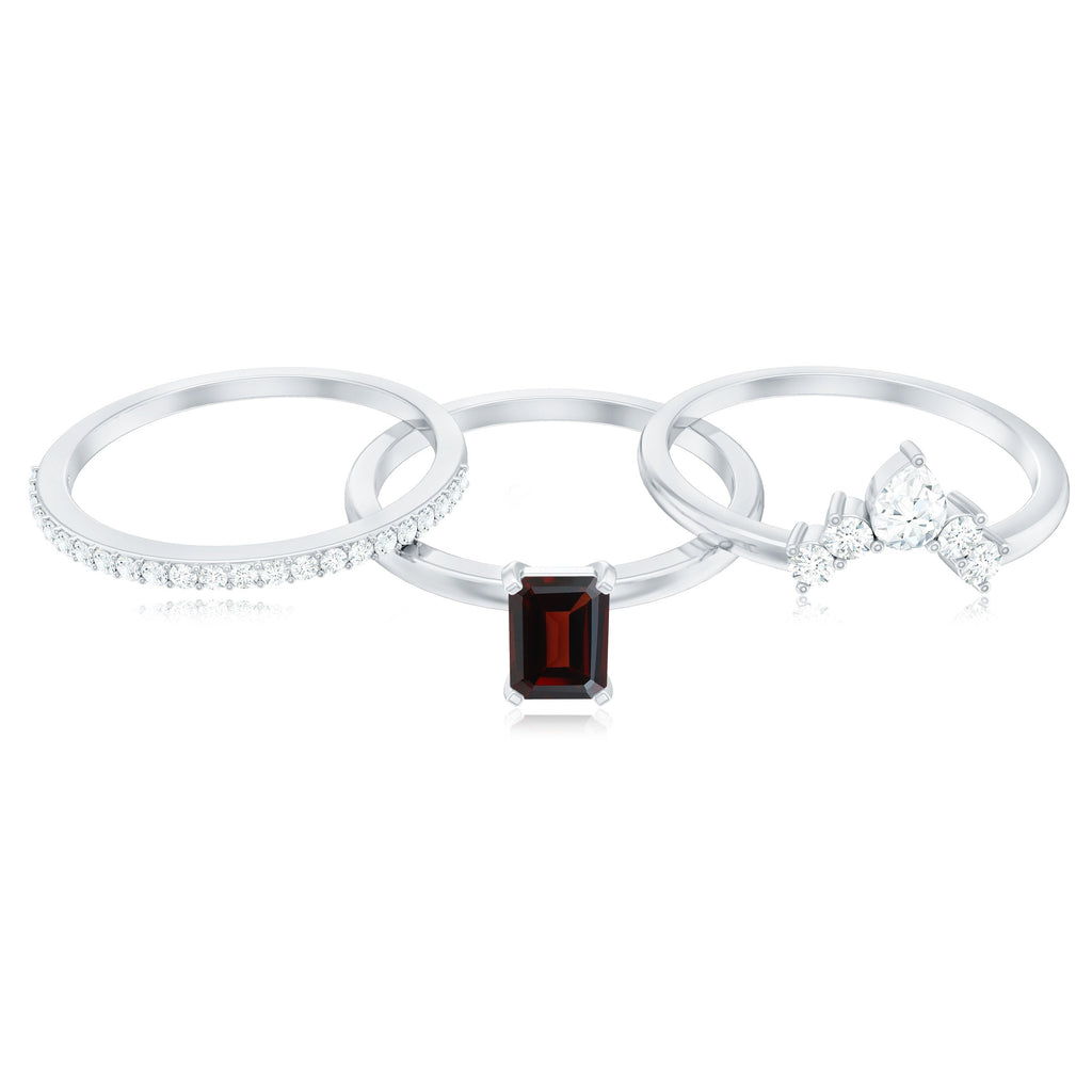 0.7 Carat Natural Emerald Cut Garnet Diamond 3 Piece Wedding Ring Set
