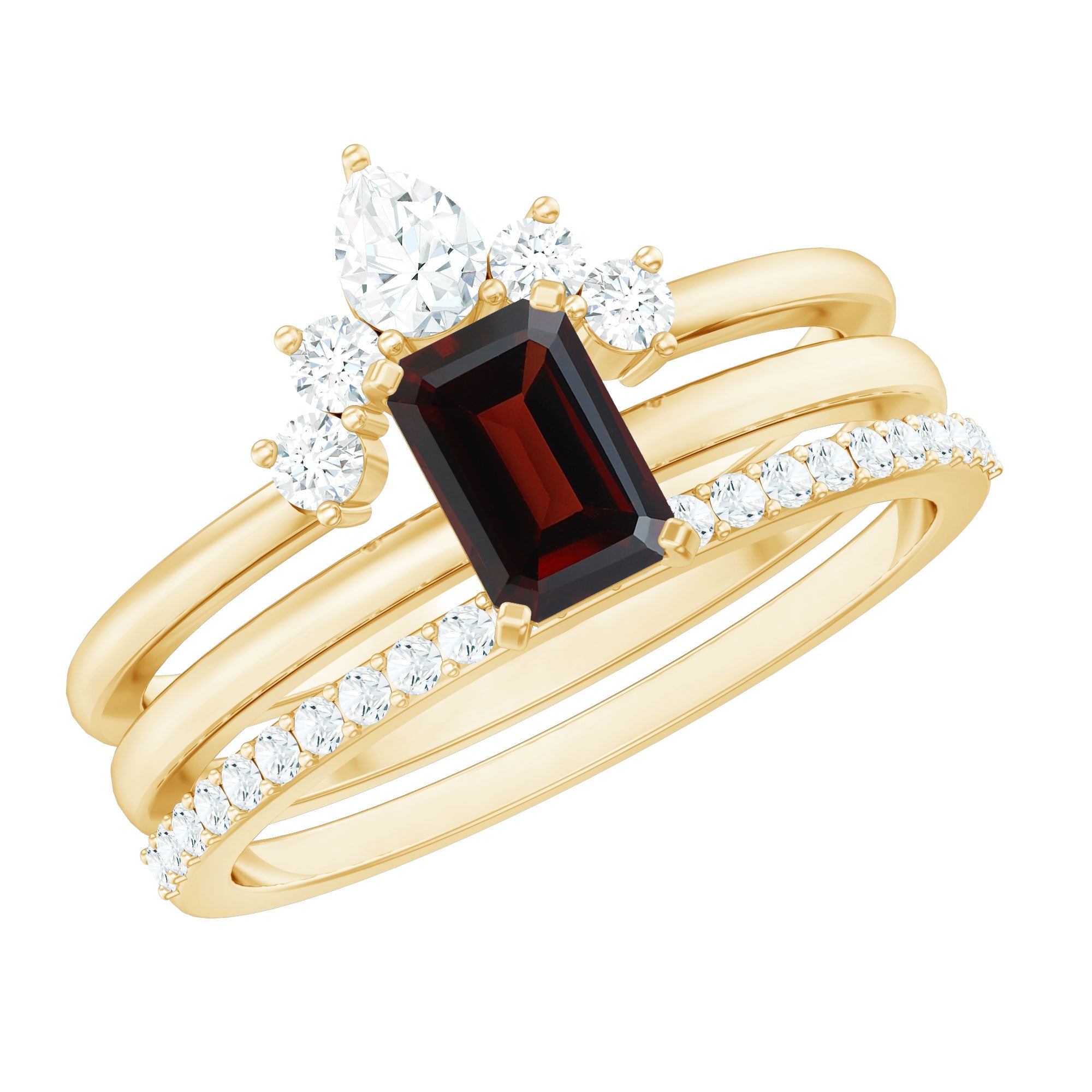 0.7 Carat Natural Emerald Cut Garnet Diamond 3 Piece Wedding Ring Set | Rings | Wiccan Center