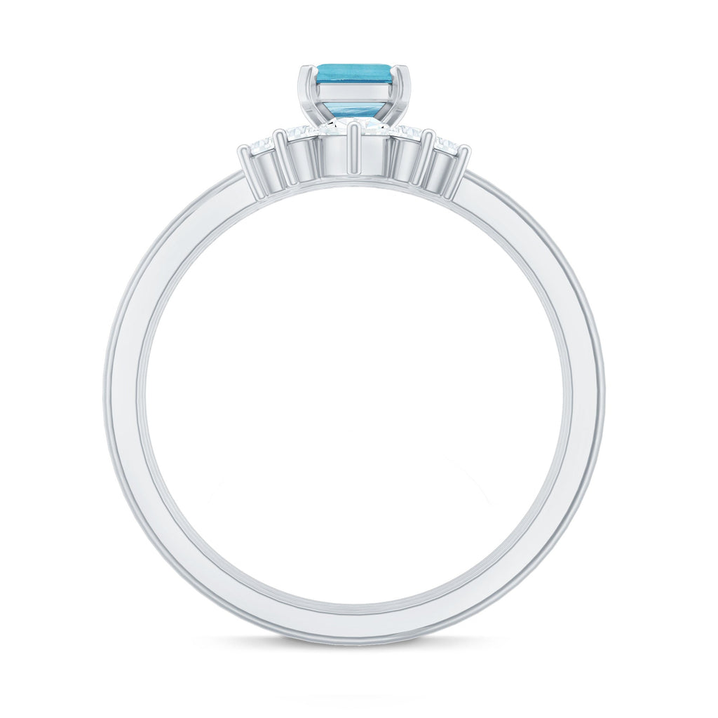 Emerald Cut 0.6 Carat Aquamarine Solitaire Ring Set of 3 with Diamond