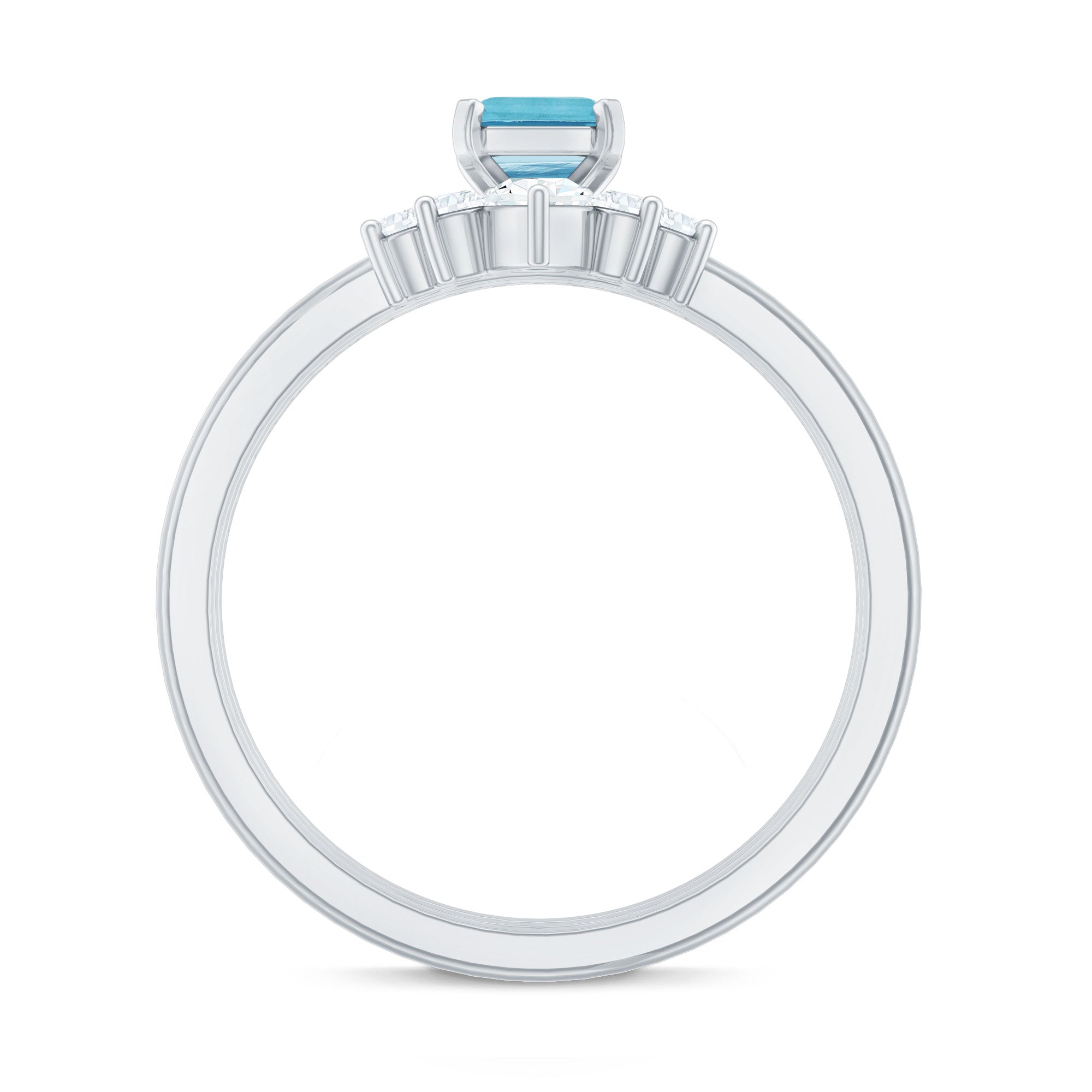 Emerald Cut 0.6 Carat Aquamarine Solitaire Ring Set of 3 with Diamond