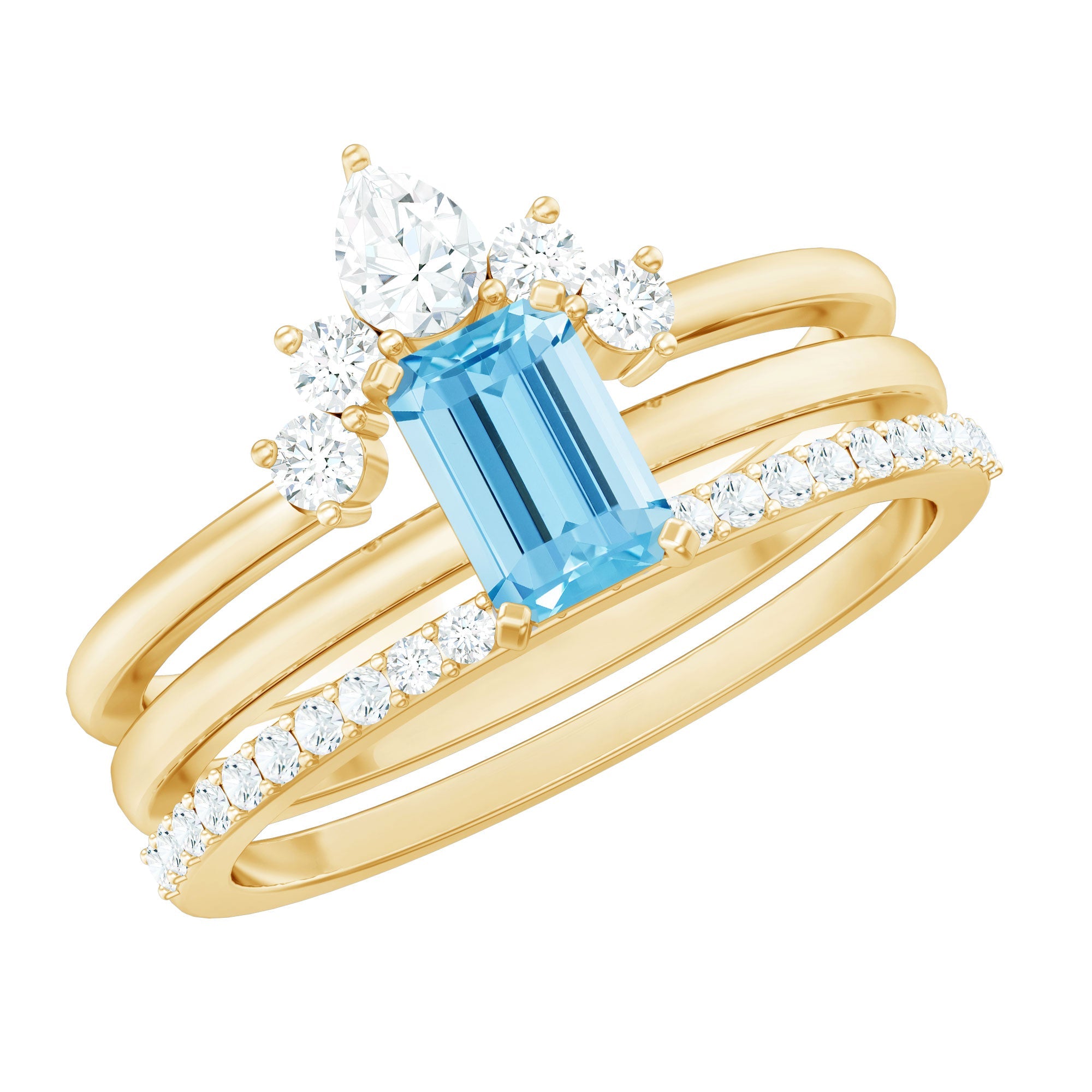 Emerald Cut 0.6 Carat Aquamarine Solitaire Ring Set of 3 with Diamond | Rings | Wiccan Center