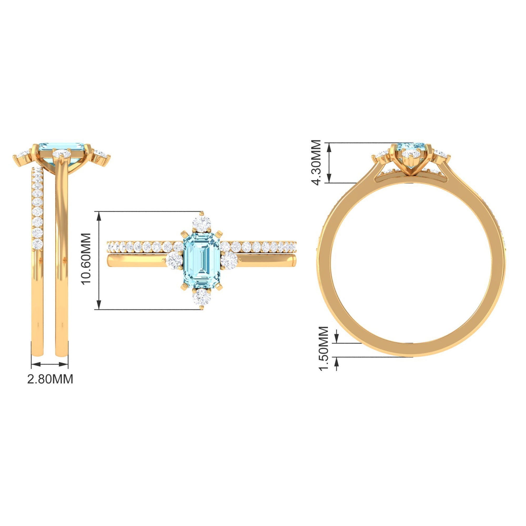 Emerald Cut Genuine Aquamarine and Diamond Designer Engagement Ring Set
