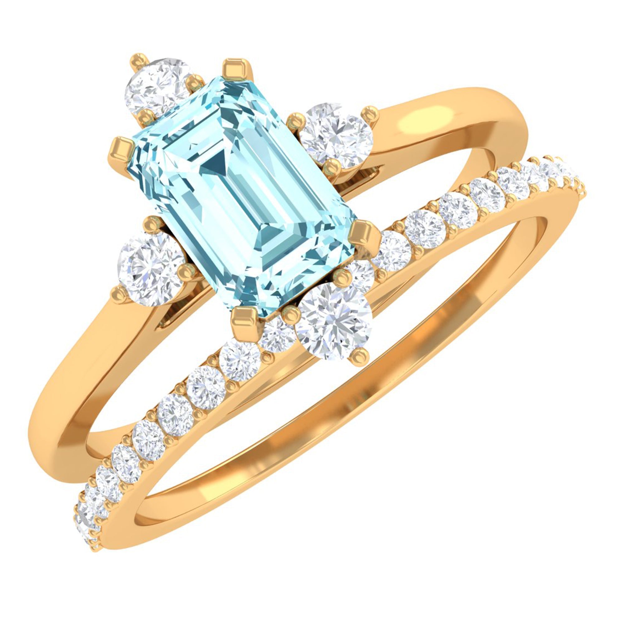 Emerald Cut Genuine Aquamarine and Diamond Designer Engagement Ring Set | Rings | Wiccan Center