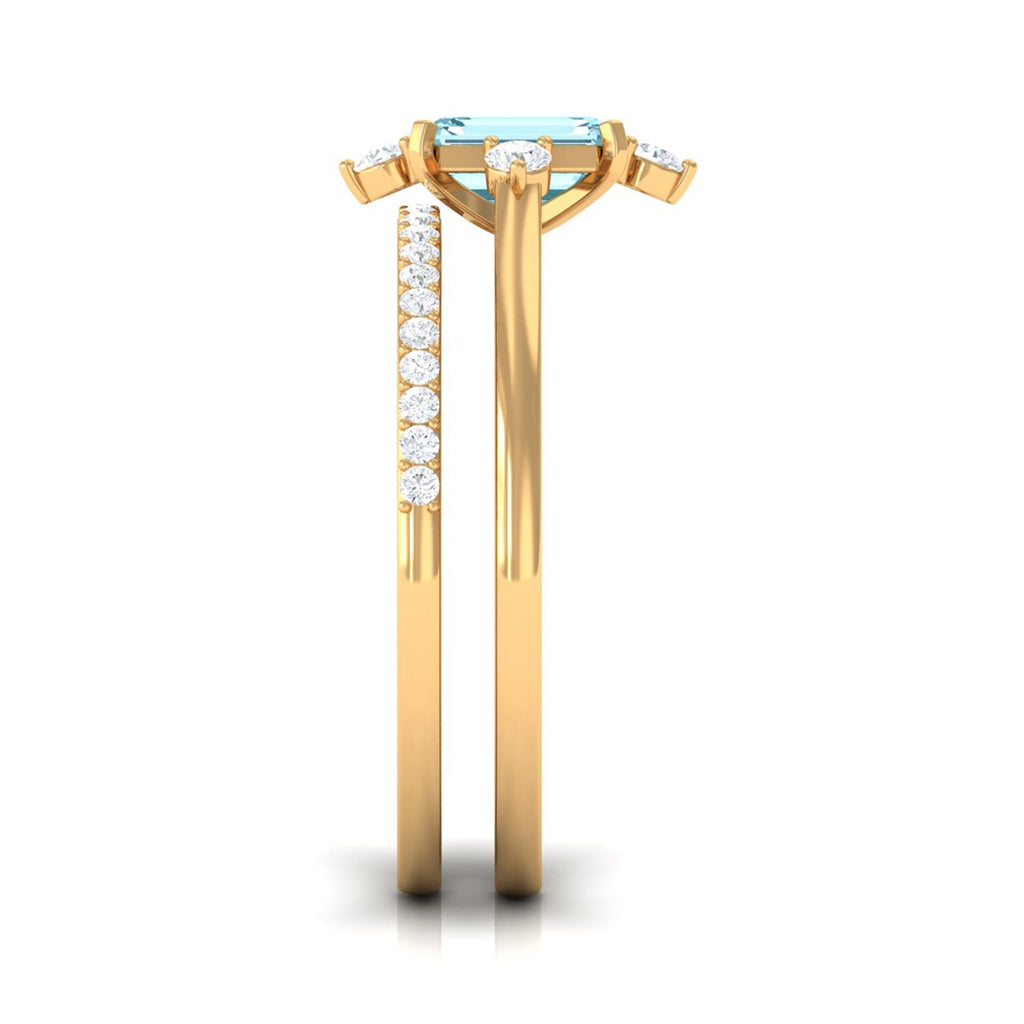Emerald Cut Genuine Aquamarine and Diamond Designer Engagement Ring Set