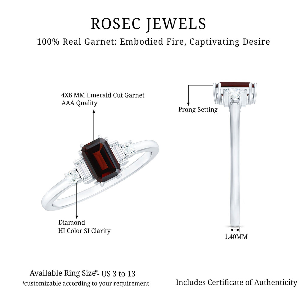 Certified Garnet Emerald Cut Engagement Ring with Real Diamond