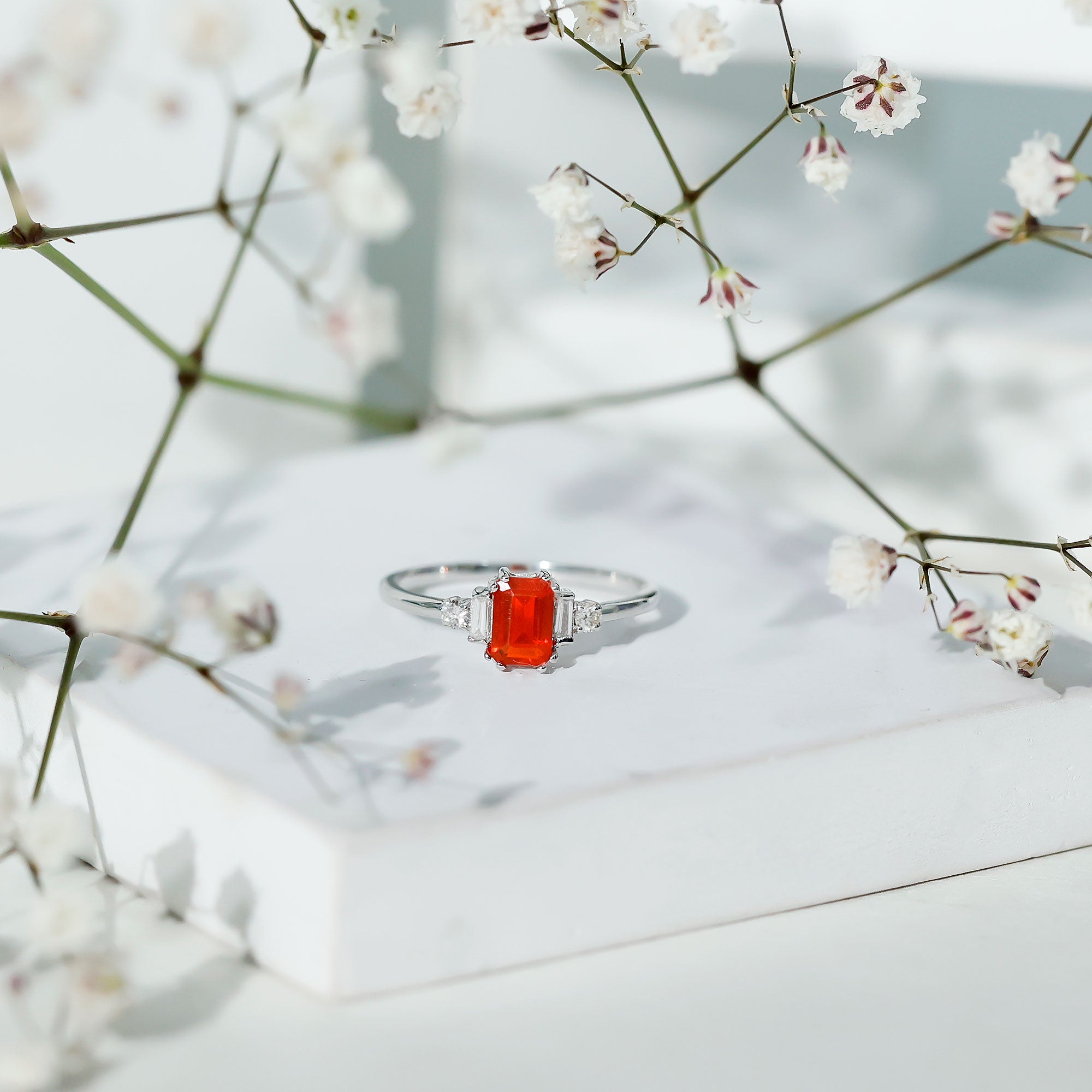 1 CT Emerald Cut Fire Opal Engagement Ring with Diamond
