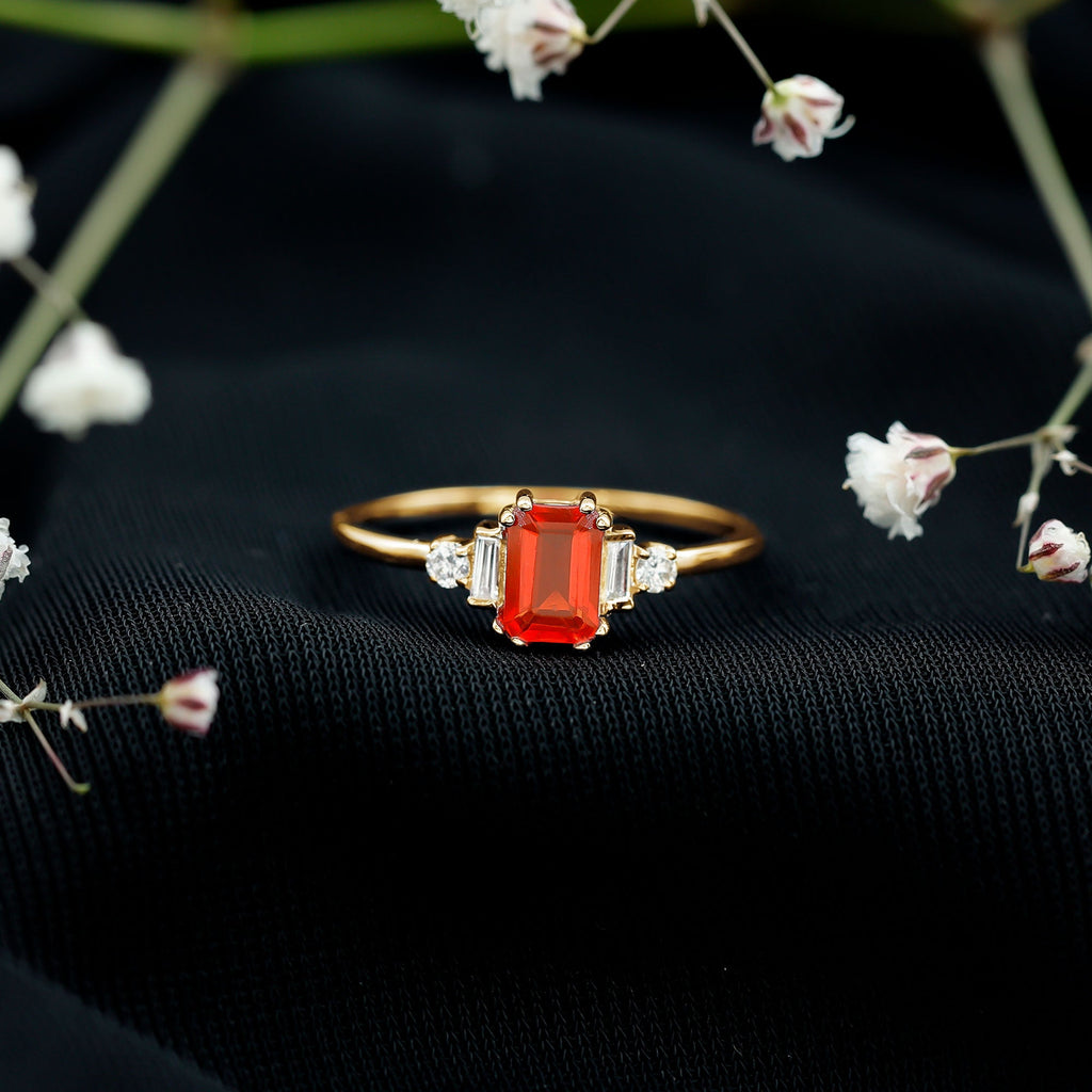 1 CT Emerald Cut Fire Opal Engagement Ring with Diamond
