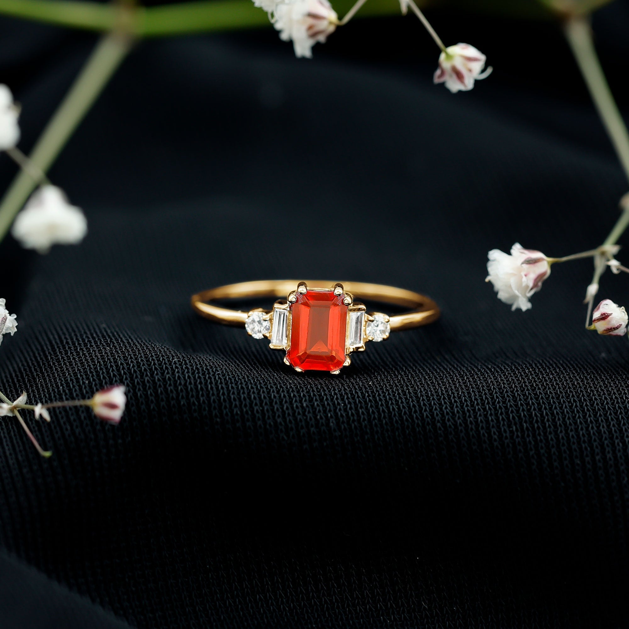 1 CT Emerald Cut Fire Opal Engagement Ring with Diamond