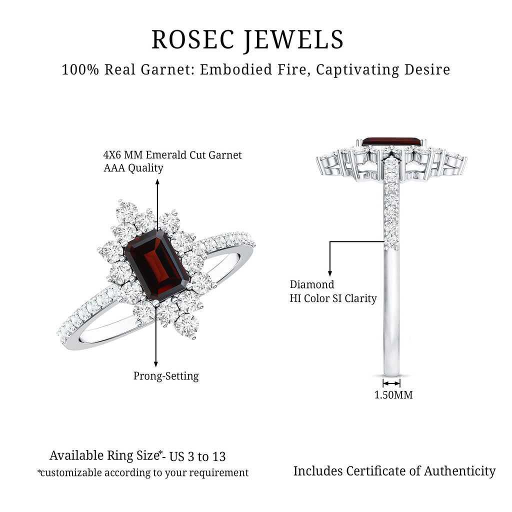 Vintage Inspired Garnet Emerald Cut Engagement Ring with Diamond Halo