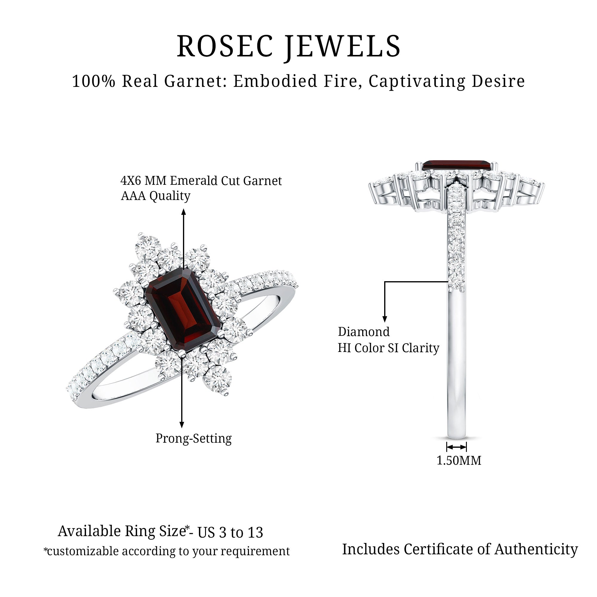 Vintage Inspired Garnet Emerald Cut Engagement Ring with Diamond Halo