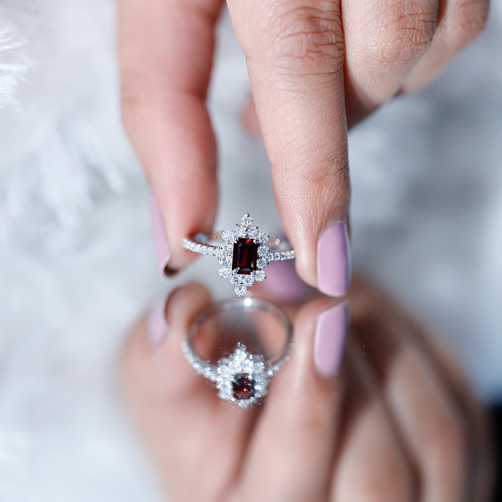Vintage Inspired Garnet Emerald Cut Engagement Ring with Diamond Halo